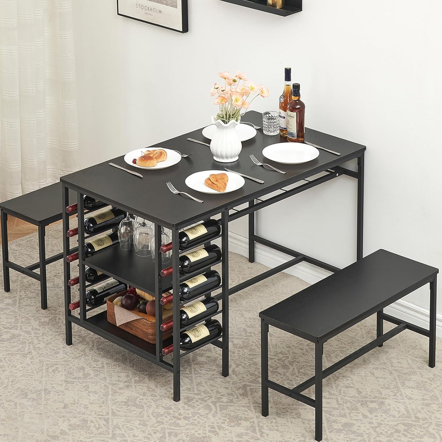 Ensemble de salle à manger Garvee pour 4 personnes avec casier à vin, espace de rangement, métal et bois, gain de place, robuste, idéal pour les petites pièces