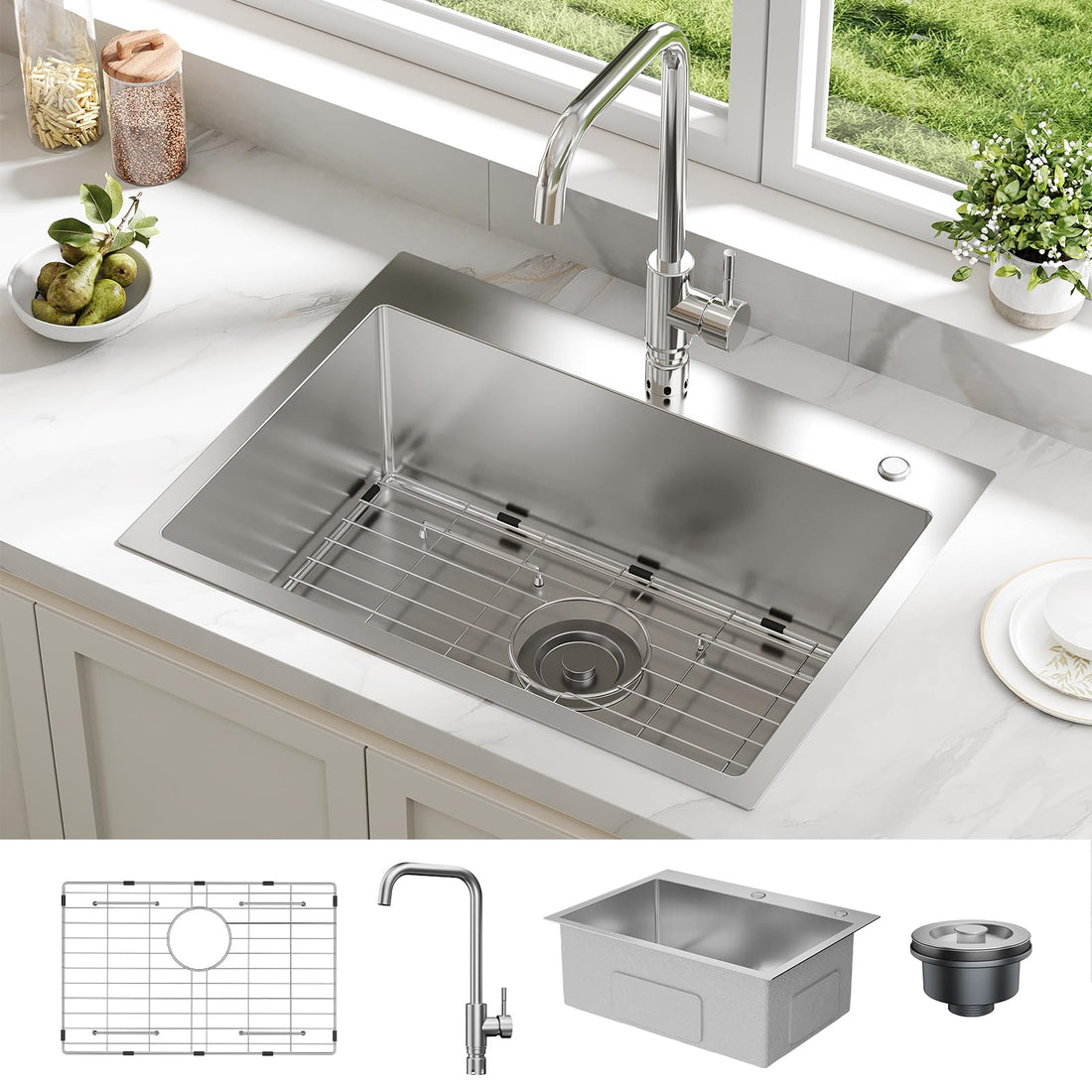 Garvee Évier de cuisine encastrable 61 x 46 x 23 cm en acier inoxydable, argenté, avec robinet extractible et accessoires pour cuisine moderne