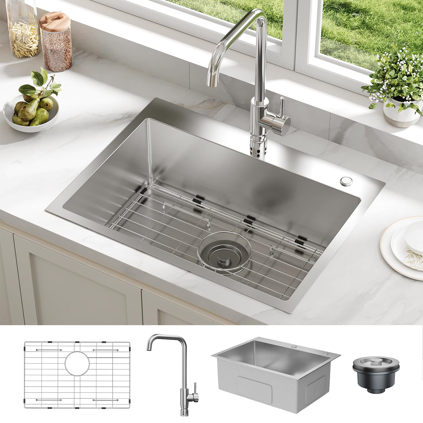 Garvee Évier de cuisine encastrable 61 x 46 x 23 cm en acier inoxydable, argenté, avec robinet extractible et accessoires pour cuisine moderne