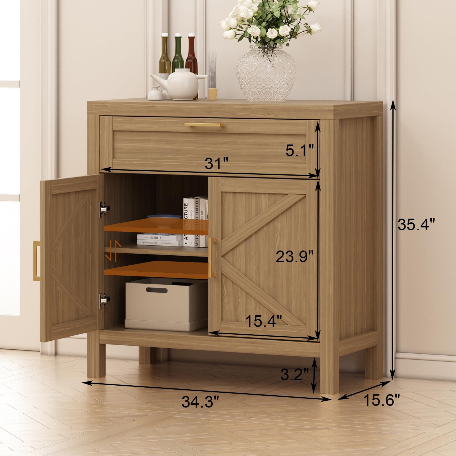Buffet Garvee avec rangement, style campagne moderne, 2 portes, étagère réglable, MDF P2, poignées dorées, salon, cuisine, 87 cm L x 90 cm H, couleur bois