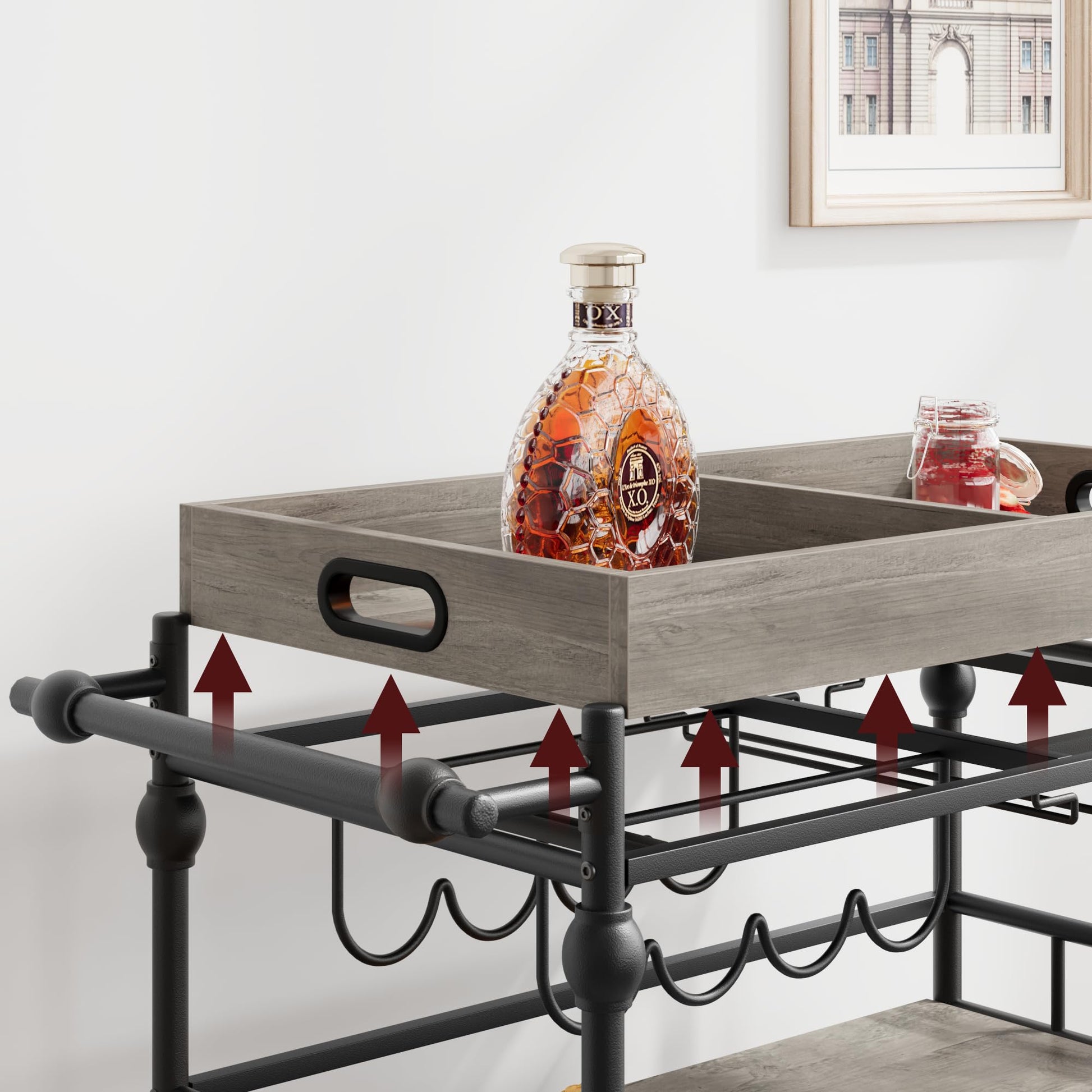 Garvee Chariot à boissons industriel gris avec roues, 3 niveaux, plateau amovible, support pour verres et range-bouteilles, pour salon et salle à manger