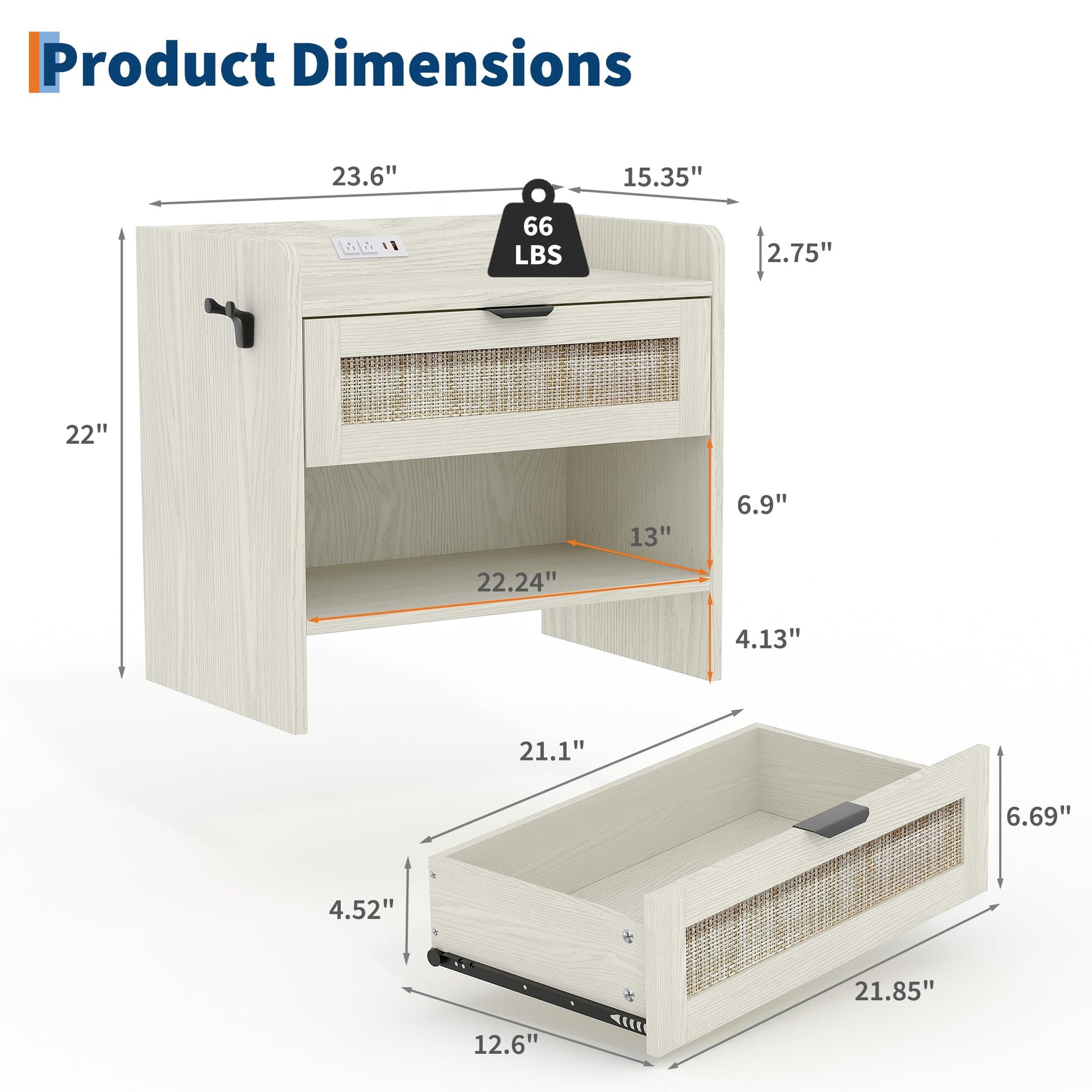 Table de chevet Garvee en rotin avec station de charge USB-C, 1 tiroir, rangement ouvert pour chambre et bureau, 60 x 39 x 56 cm, bois, robuste, polyvalente