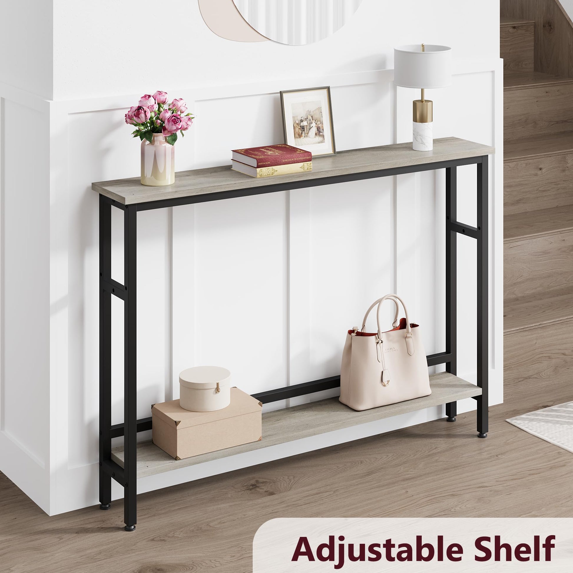 Garvee Console étroite 15 cm, table de canapé 2 niveaux avec étagère réglable, idéale salon, entrée, couloir et hall, gris