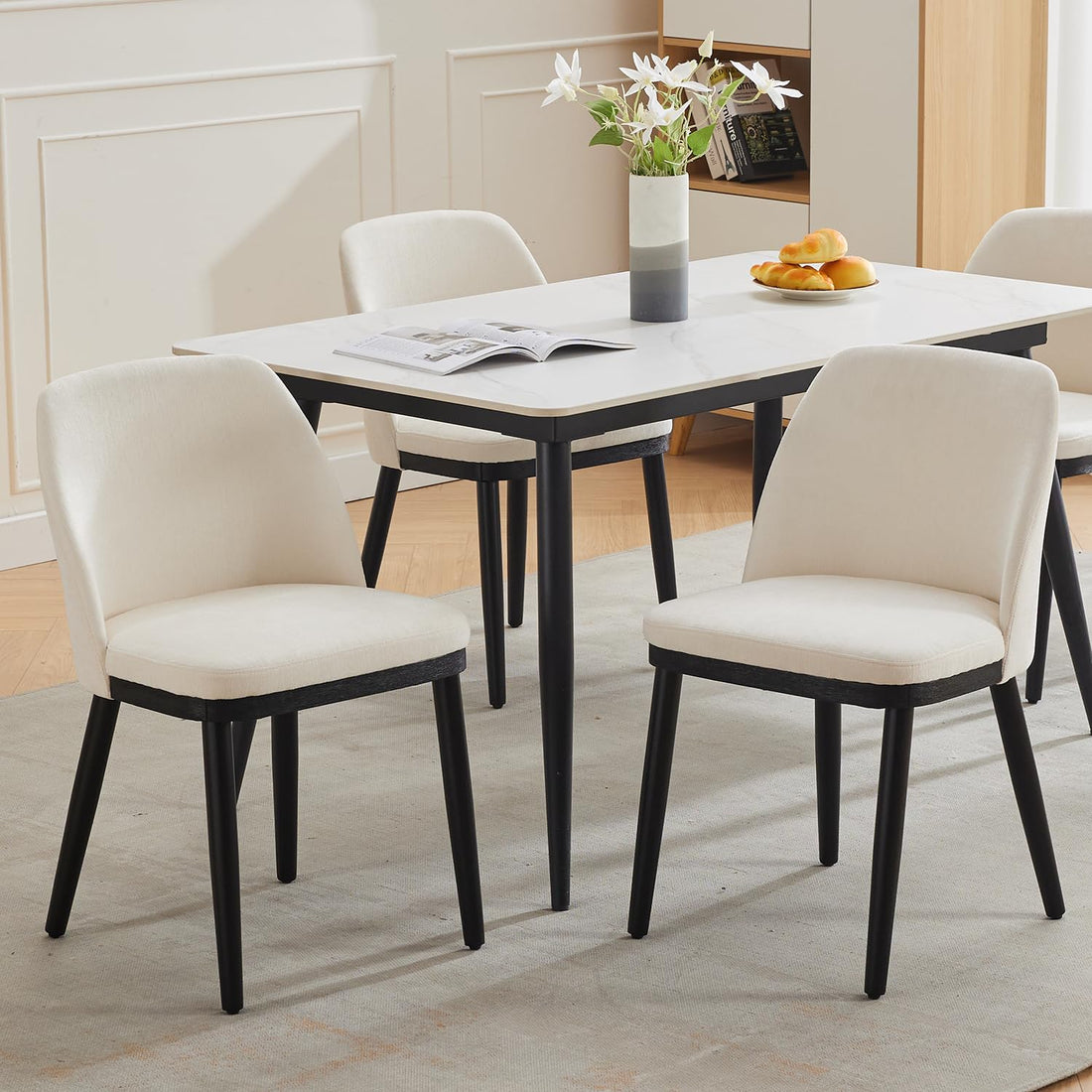 Ensemble de 2 chaises de salle à manger modernes Garvee, revêtement en lin, dossier incurvé, pieds en bois, beige, pour cuisine et salon