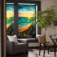 Film pour fenêtre en PVC Garvee, motif coucher de soleil sur la mer, 45 x 100 cm, coloré, non adhésif et réutilisable pour salon et bureau.