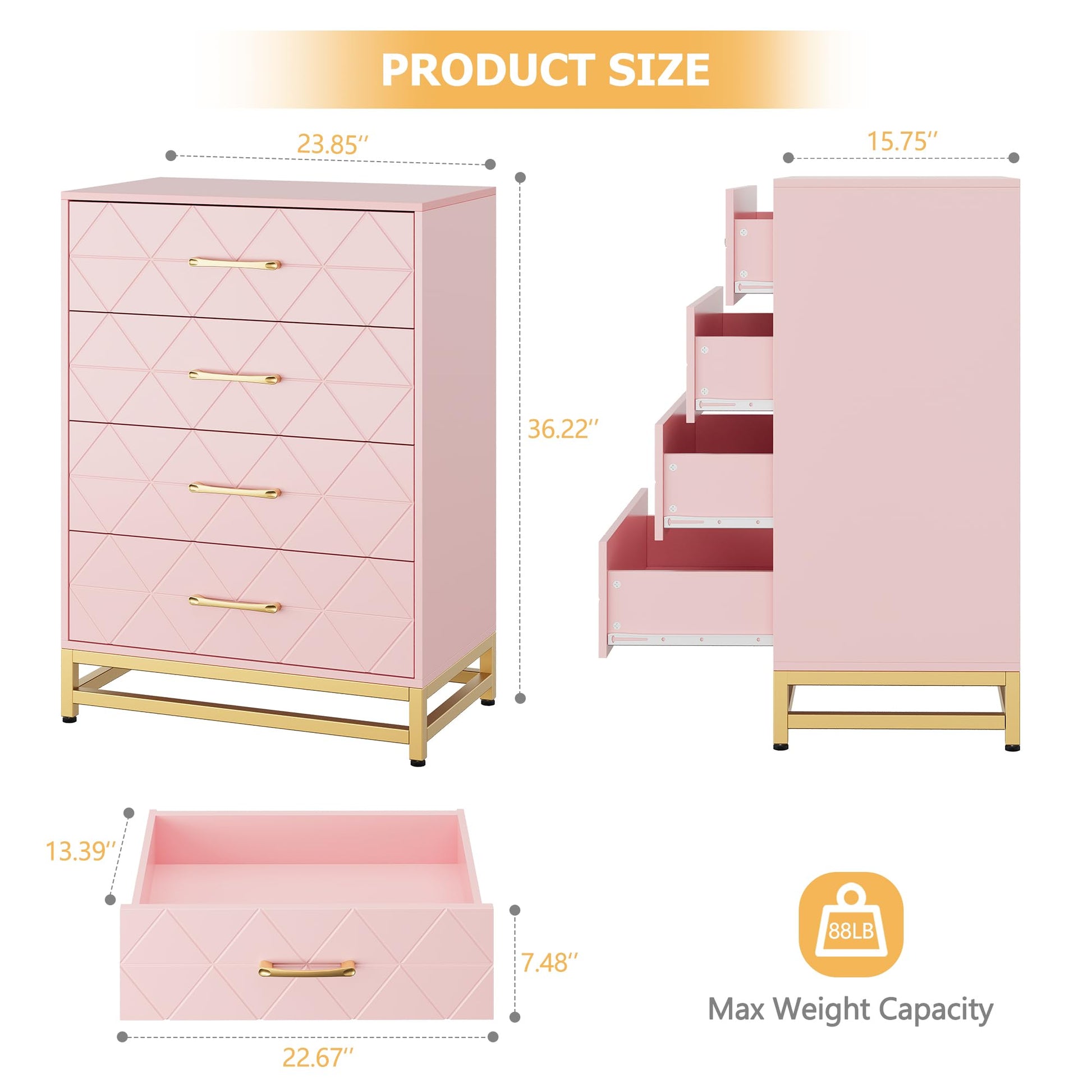 Commode Garvee à 4 tiroirs, poignées en métal, rose, bois, pieds en métal robustes, gain de place, pour salon et bureau
