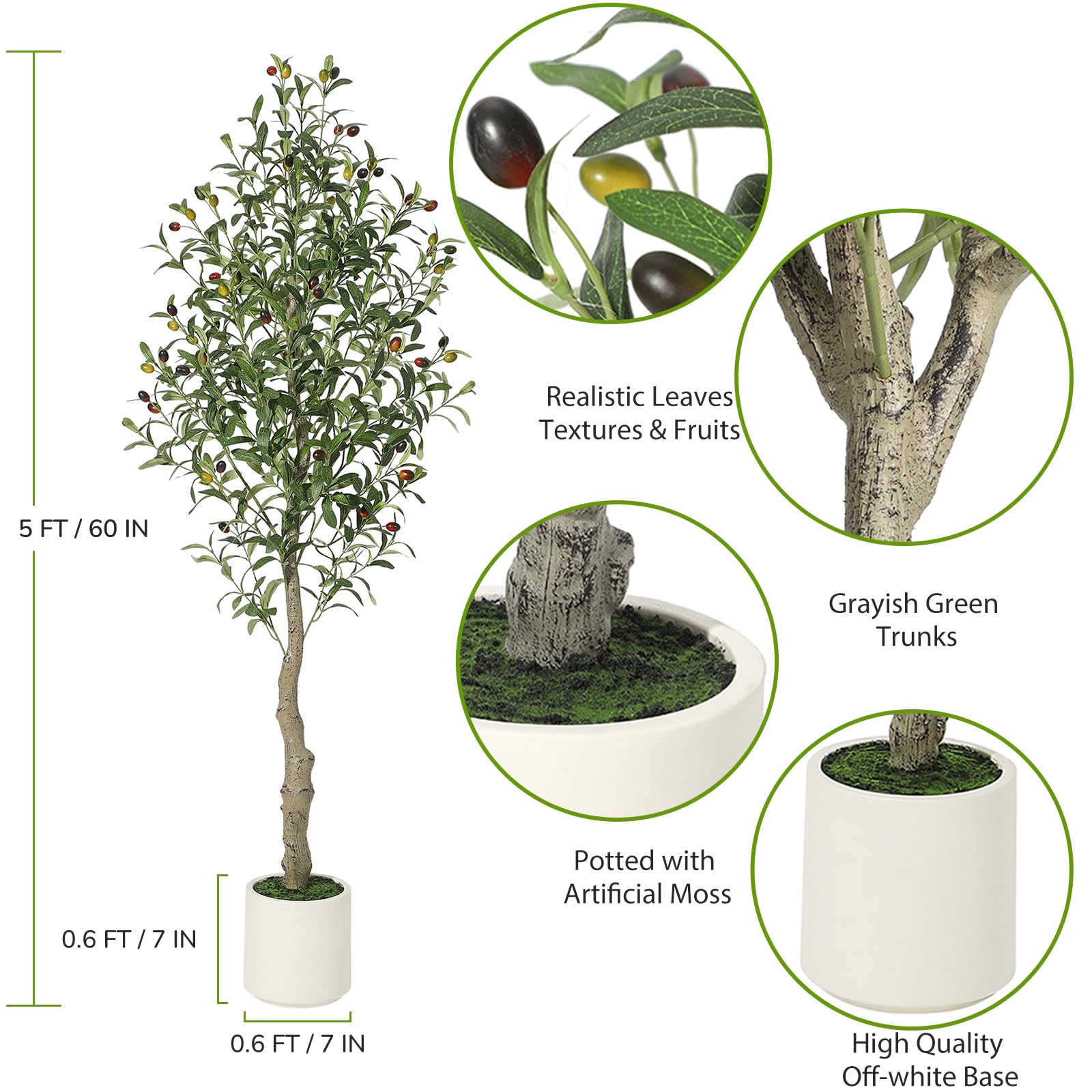 Garvee Olivier Artificiel 150 cm avec Pot Lesté en Ciment, Branches Ajustables, Décoration Intérieure pour Maison et Bureau