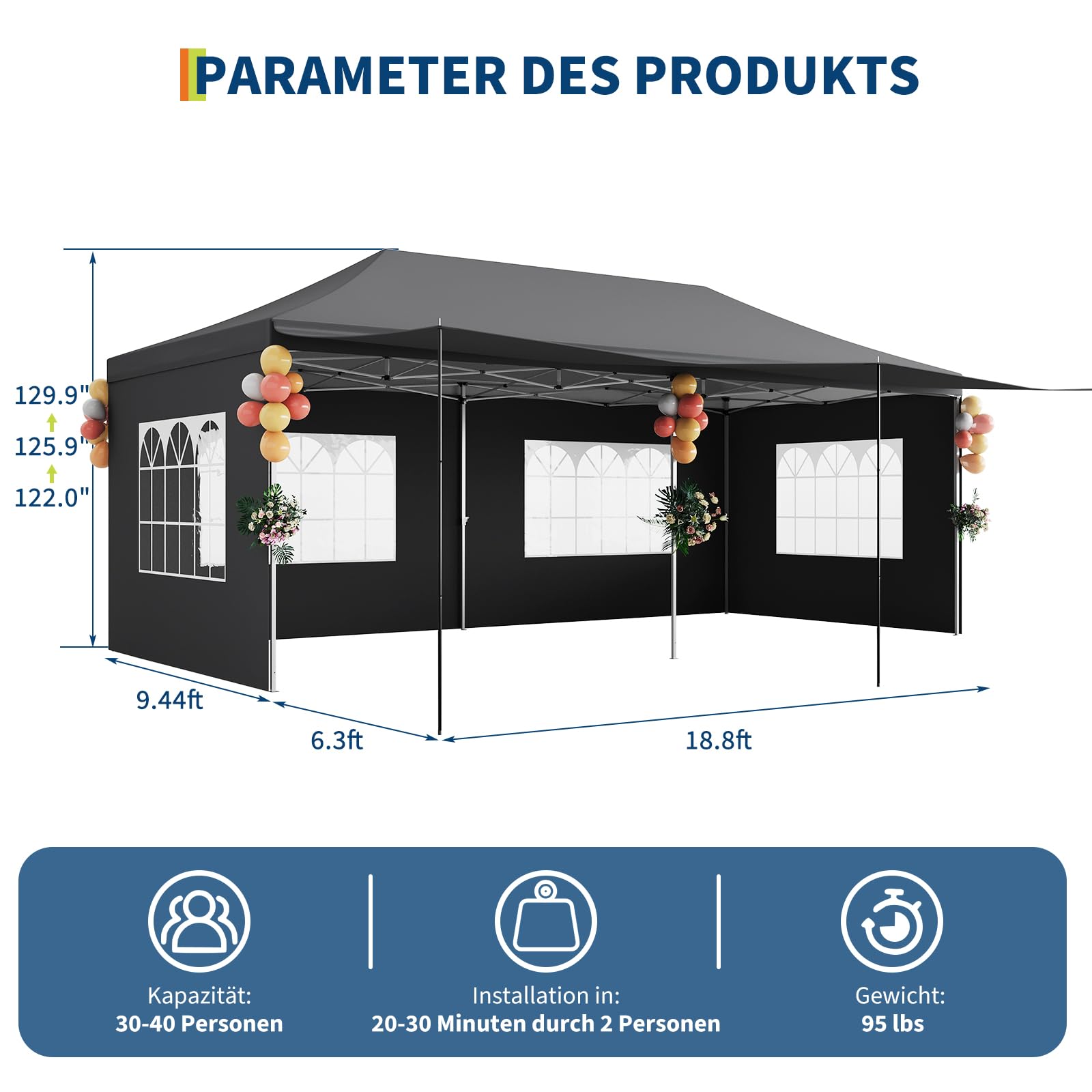 Garvee Tonnelle pliante 3x6 m avec 6 parois amovibles, Oxford 420D imperméable, hauteur réglable, pour fêtes et événements, résistante et stable, fenêtres transparentes