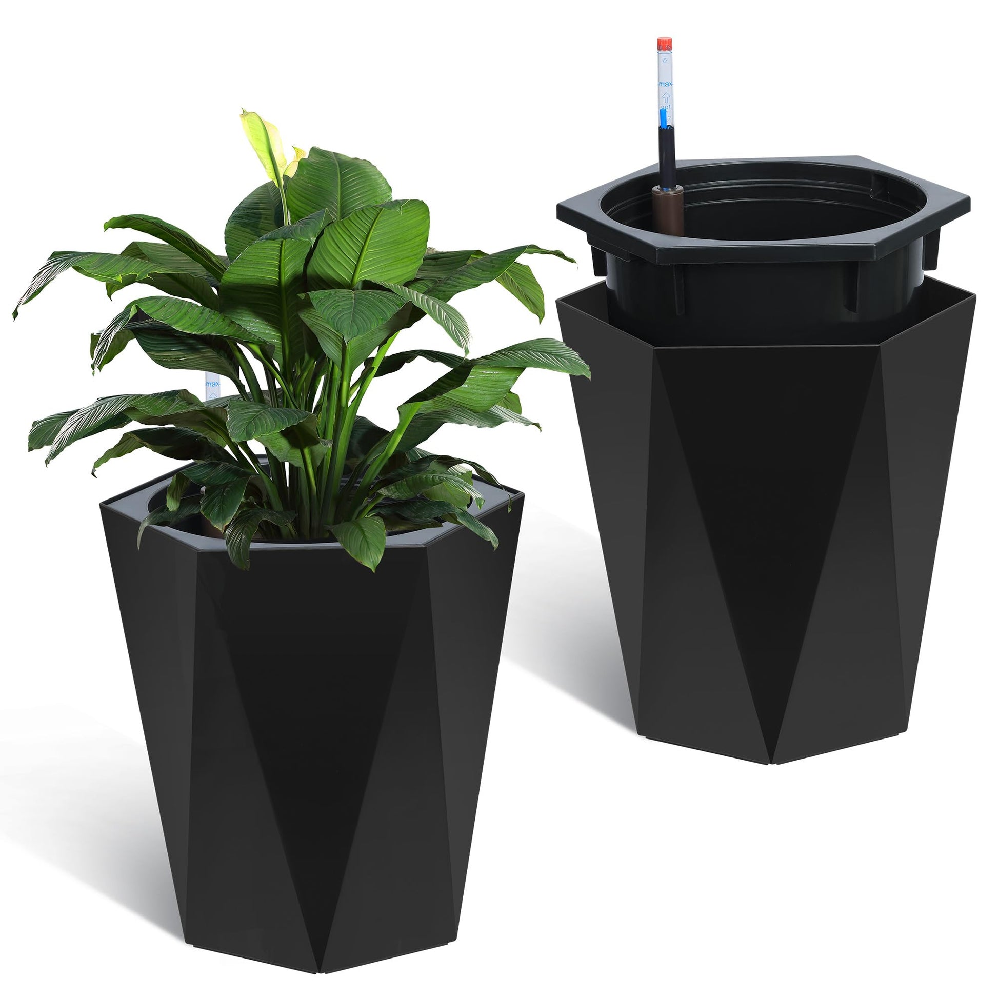 Garvee Lot de 2 jardinières diamant de 40 cm de haut, à arrosage automatique avec indicateurs de niveau d'eau, en plastique résistant aux intempéries, pour une utilisation intérieure et extérieure, blanches.