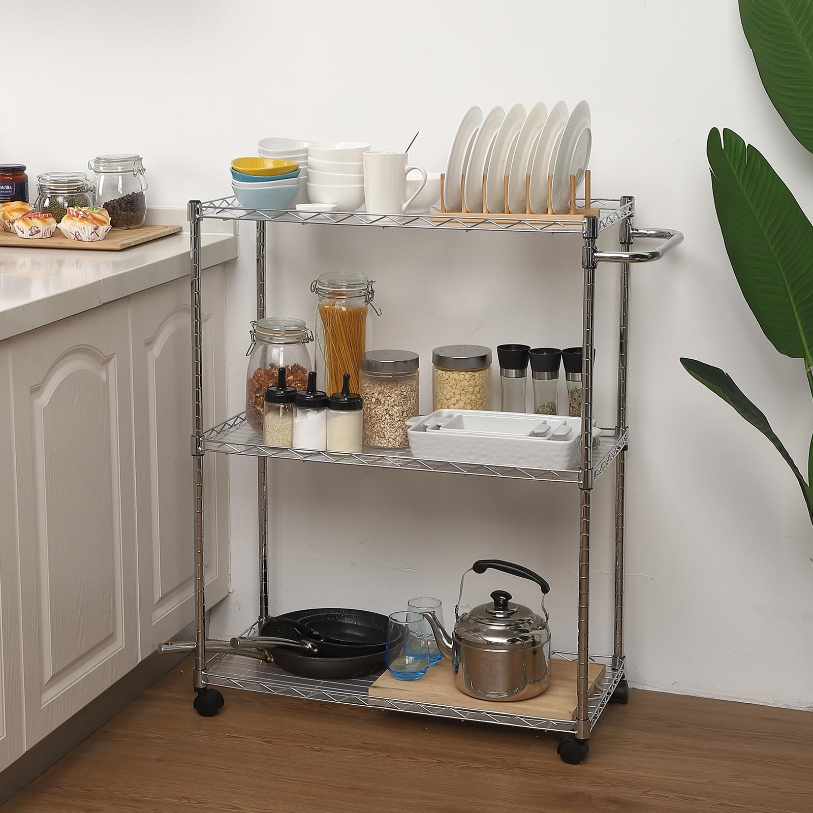 Chariot multifonctionnel Garvee à 3 niveaux avec roulettes, étagères réglables, structure en métal tressé, antirouille, pour cuisine et usage professionnel, 75 x 35 x 90 cm, chromé