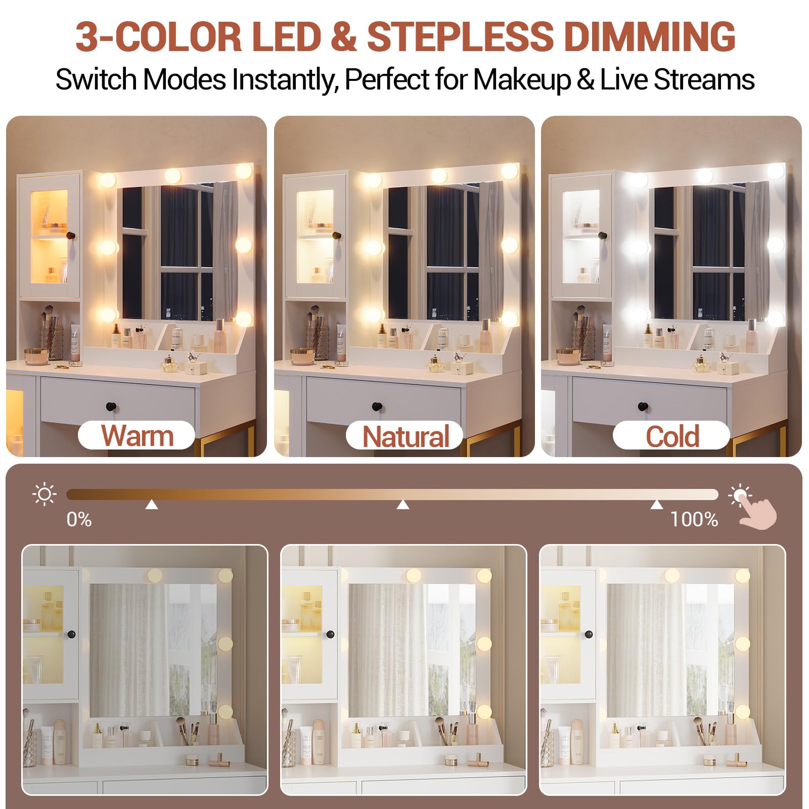Coiffeuse Garvee avec éclairage LED, 3 modes de couleur, grands tiroirs, station de recharge USB pour chambre, blanche, moderne