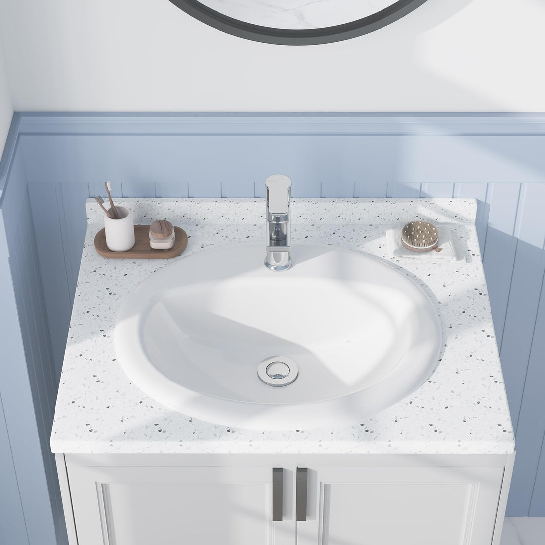 Lavabo ovale encastré Garvee 51 x 43 cm (20 x 17 pouces) en céramique blanche résistante aux rayures, idéal pour les petites salles de bain.
