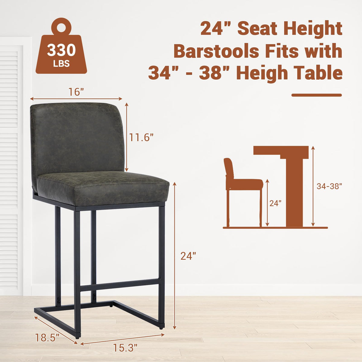 Ensemble de 2 tabourets de bar Garvee 24 po, cuir PU, ergonomiques et stables, structure en métal, repose-pieds, gris, pour îlot de cuisine et bar, hauteur 34-38 po