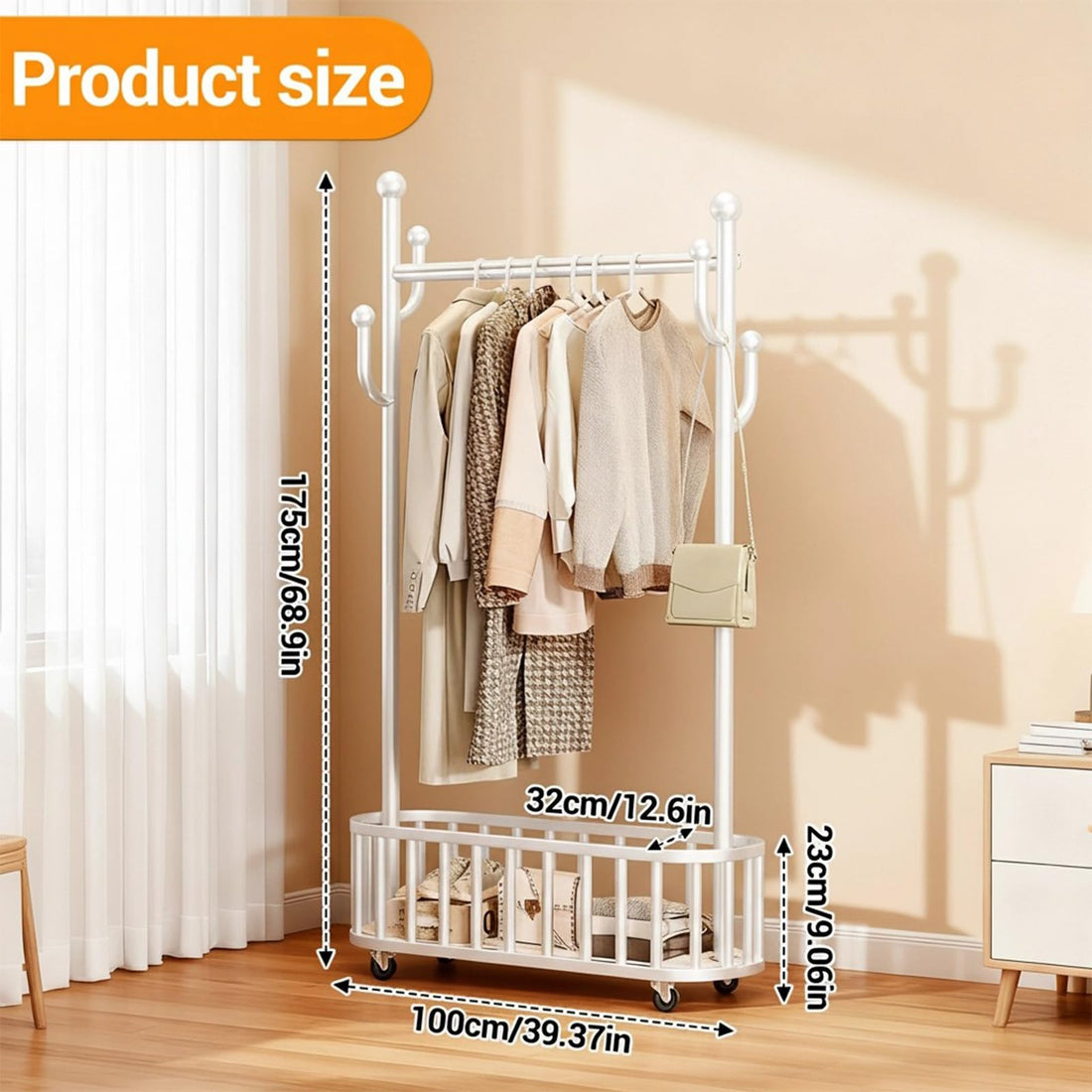 Garvee Ptant à vêtements à roulettes avec structure en métal, roulettes pivotantes à 360°, grand panier pour chambre et boutique, 100 × 175 cm, couleur métallisée, blanc, 100 × 32 cm