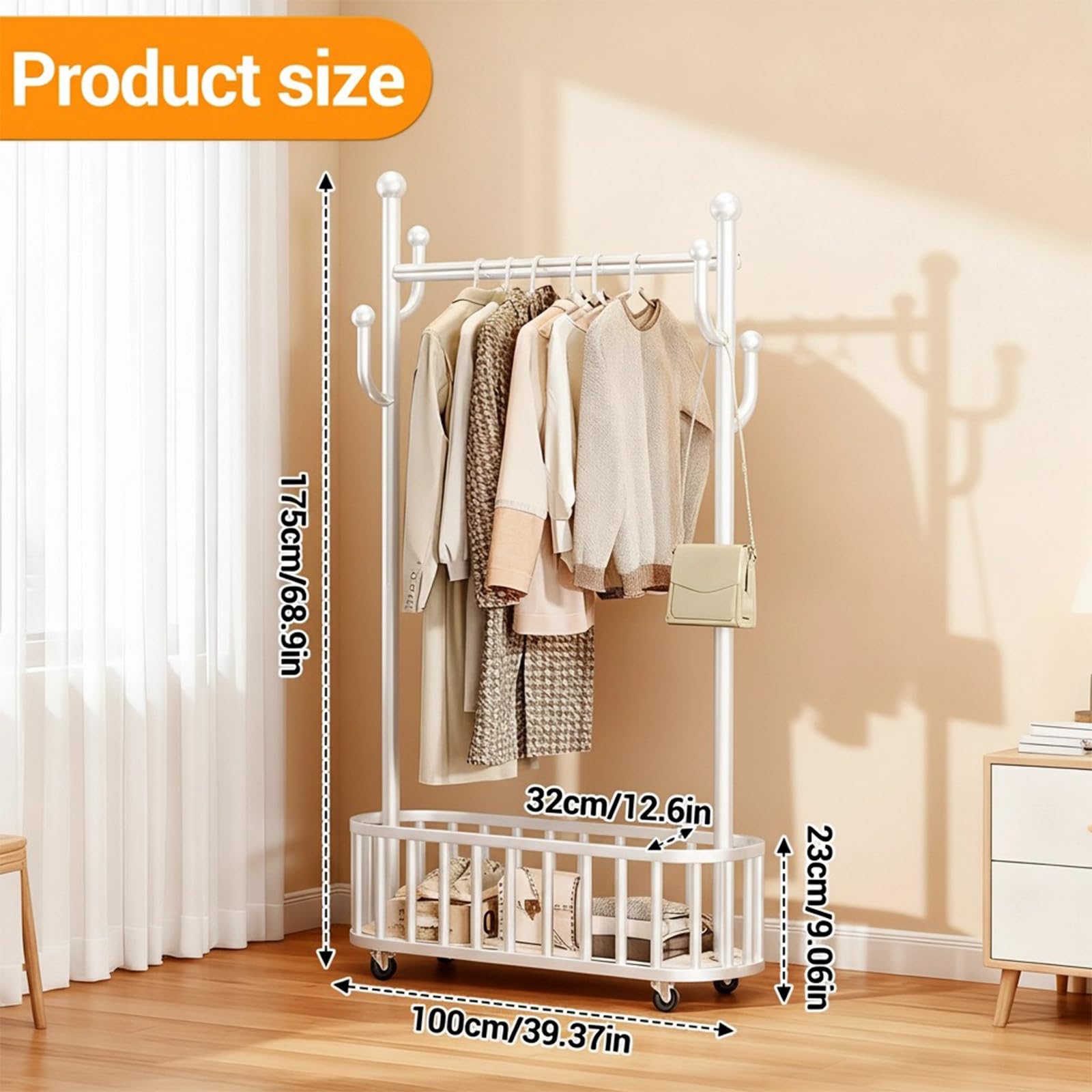 Portant à vêtements roulant Garvee avec structure en métal, roulettes pivotantes à 360°, grand panier pour chambres et boutiques, robuste et polyvalent, noir, hauteur 175 cm (68,9 pouces).
