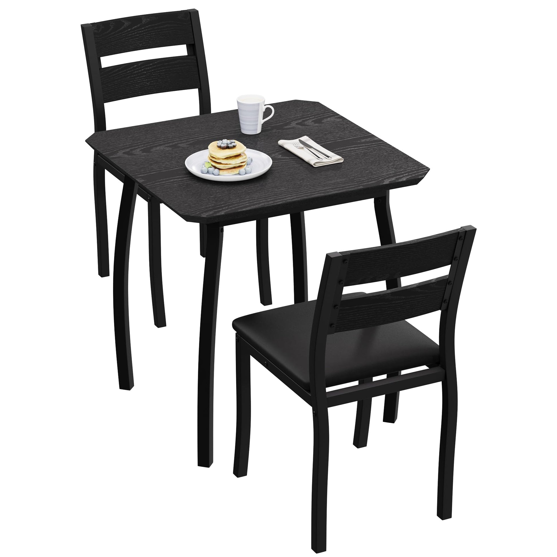 Ensemble de salle à manger Garvee 3 pièces pour 2 personnes, compact et robuste, table en MDF, chaises rembourrées en PU, structure en métal, noir, idéal pour les petites cuisines et les appartements.