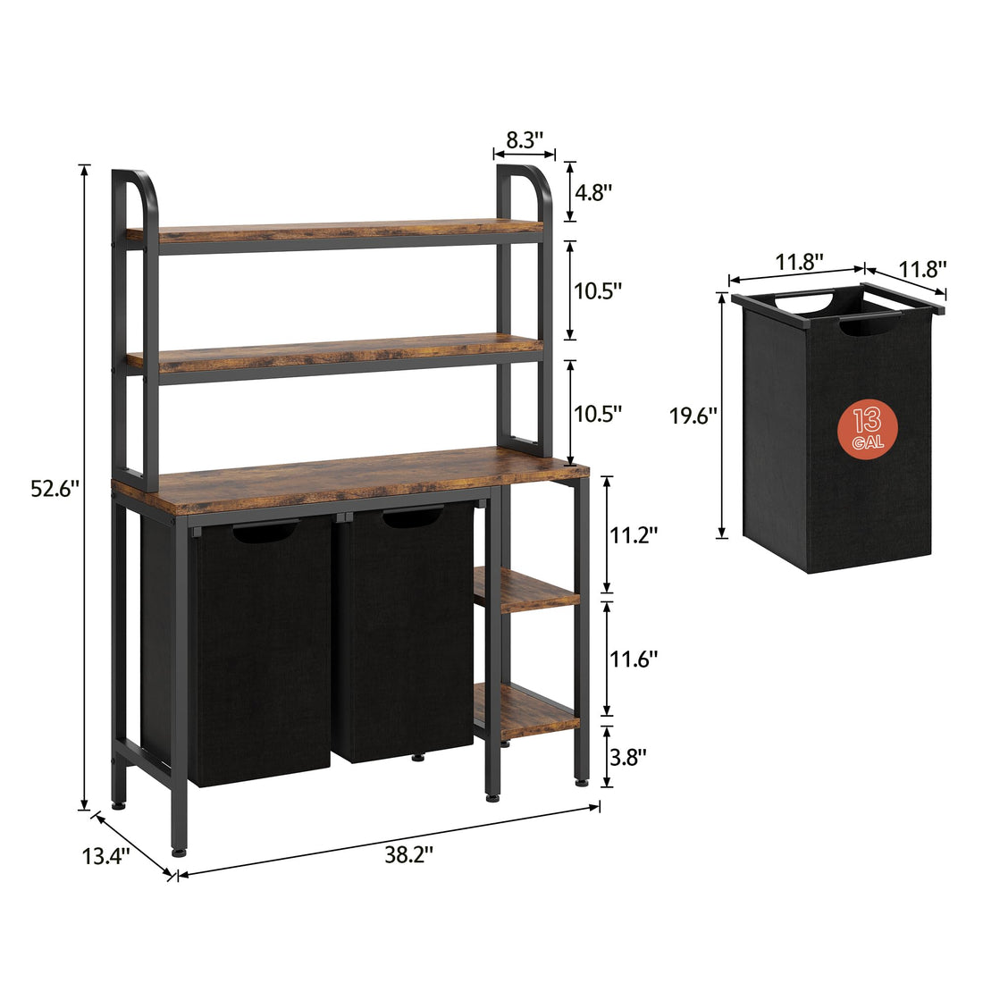 Panier à linge Garvee avec 2 compartiments, 3 étagères, 2 poches coulissantes, structure en fer et bois, grand format, robuste, pieds réglables, pour usage domestique.
