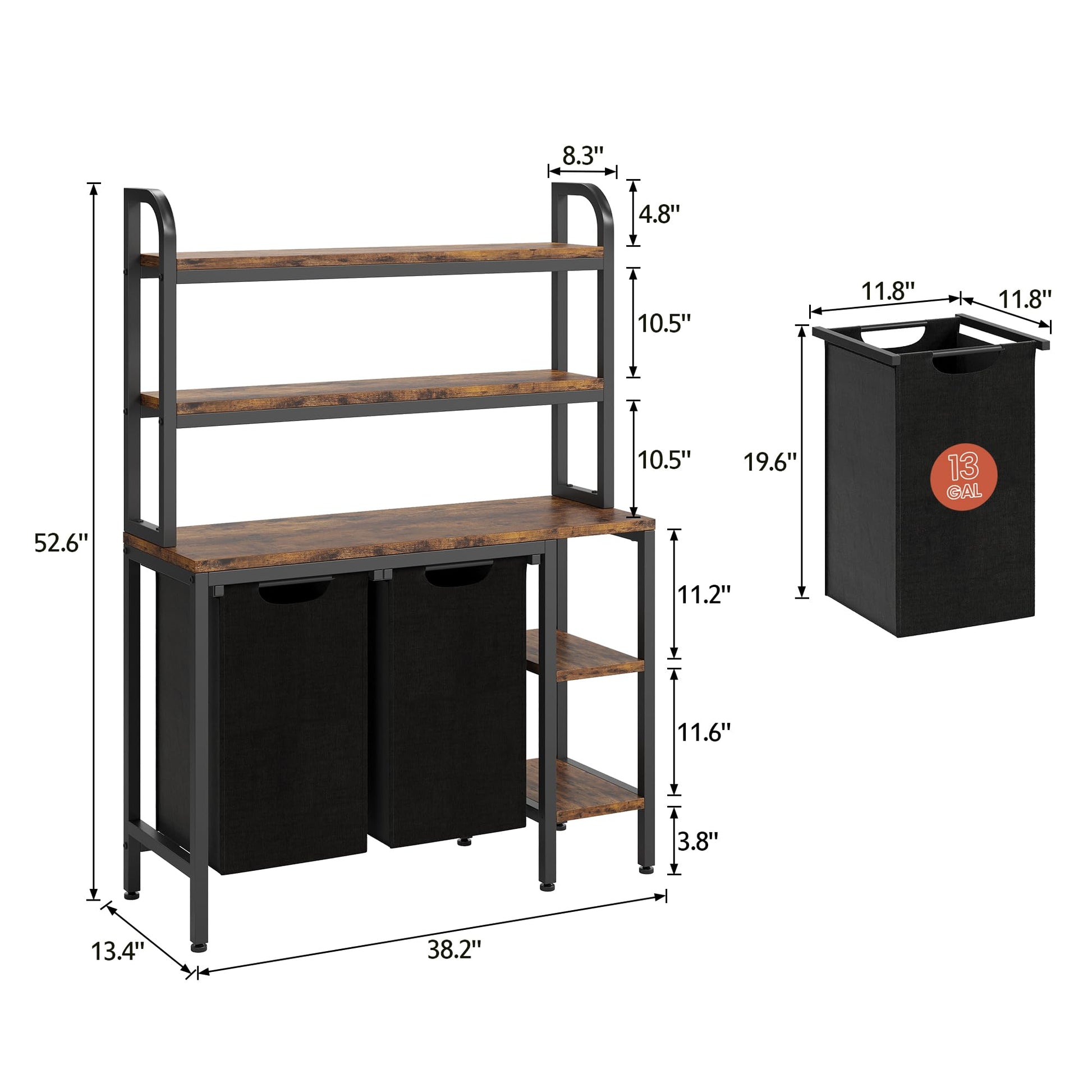 Panier à linge Garvee avec 2 compartiments, 3 étagères, 2 poches coulissantes, structure en fer et bois, grand format, robuste, pieds réglables, pour usage domestique.