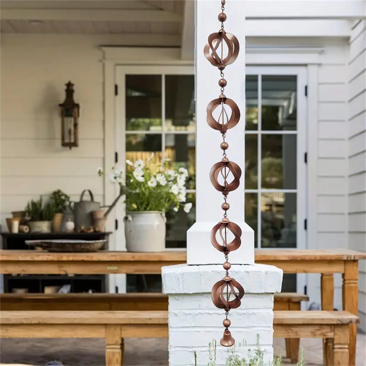 Carillon éolien en métal Garvee Rain Chain Bell Goot 108 cm, décoration de gouttière et de jardin, style rétro argenté