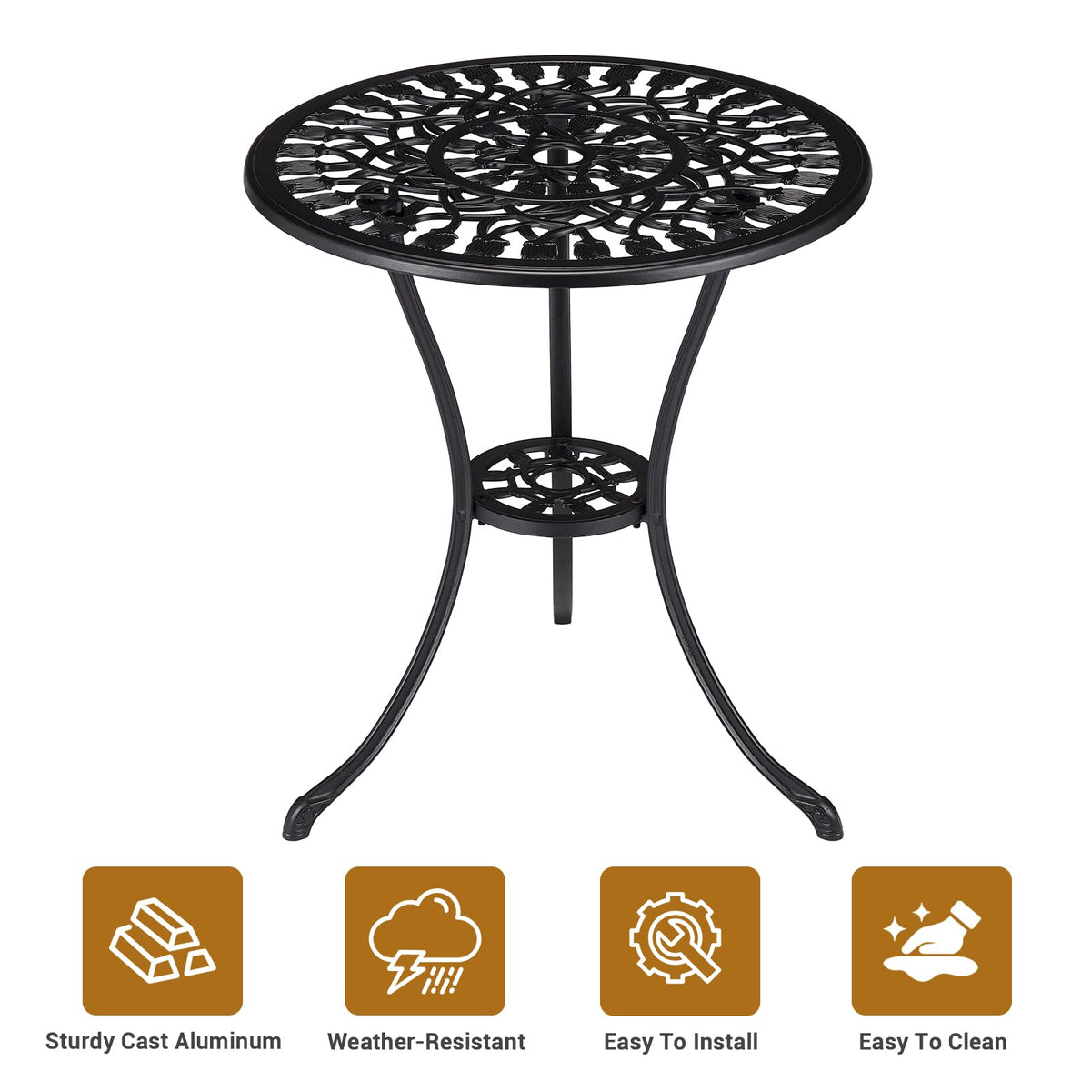Table bistro d'extérieur ronde Garvee 61 cm (24 po) en fonte avec trou pour parasol de 5 cm (2 po) pour balcon et jardin, noire