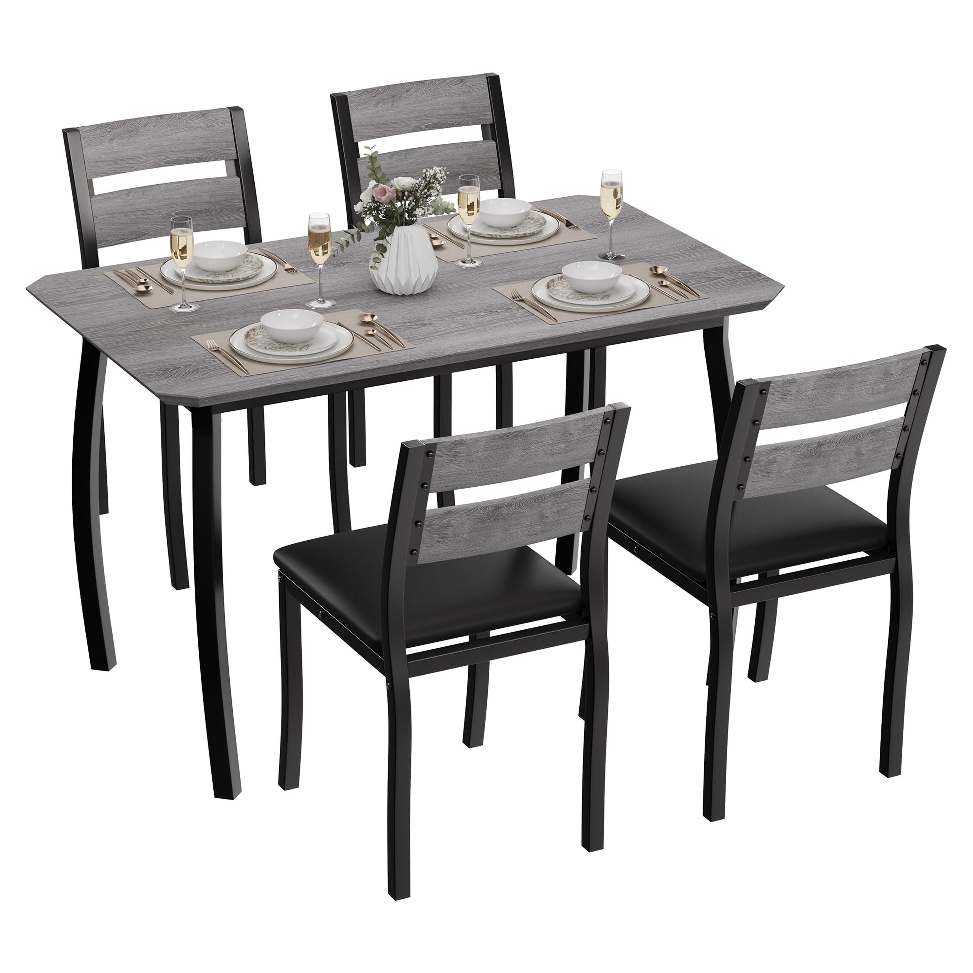Ensemble table et chaises de salle à manger Garvee pour 4 personnes, structure en métal, design biseauté, gain de place, bois durable, ergonomiques, idéal pour les petites pièces.