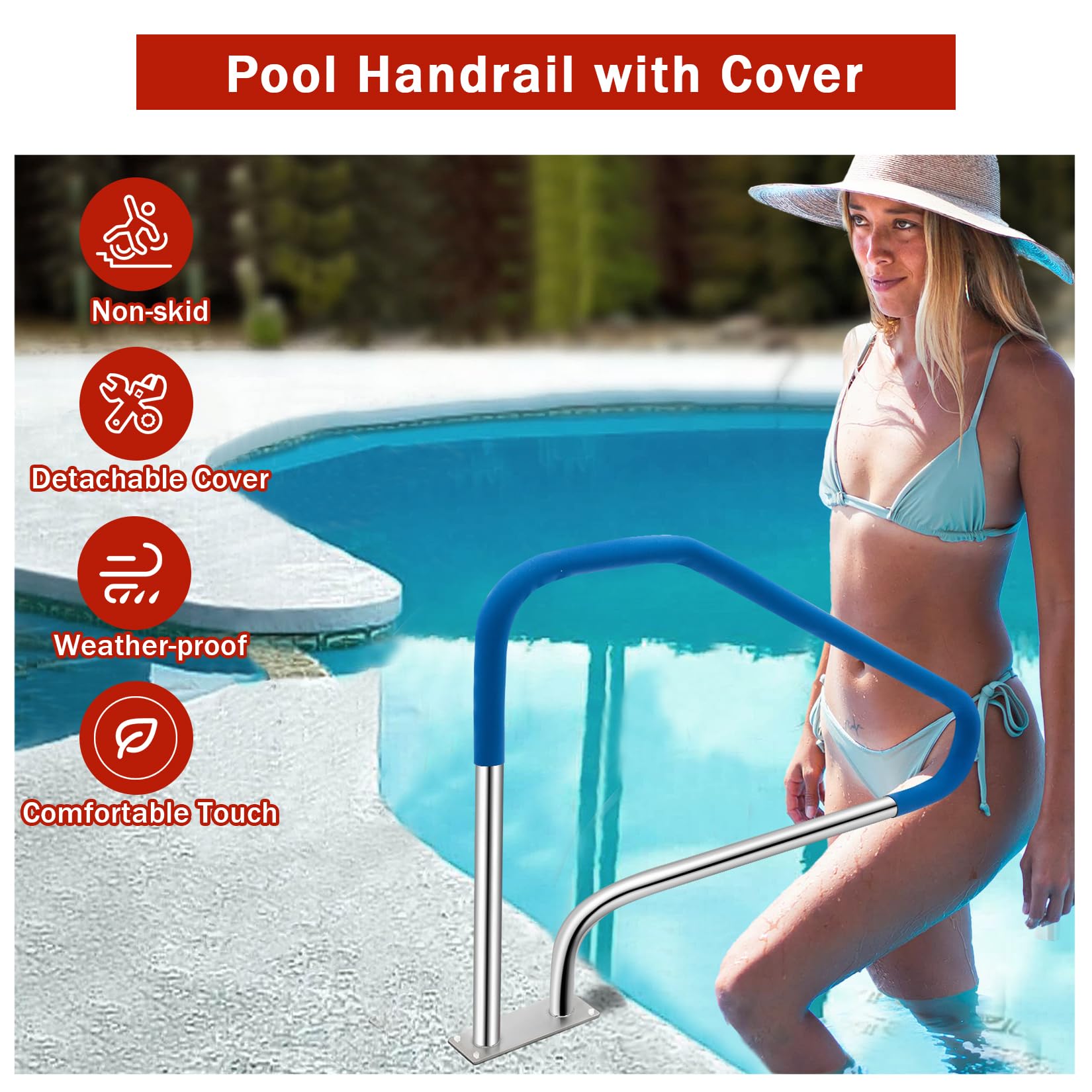 Main courante de piscine Garvee en acier inoxydable 304 avec poignées antidérapantes pour piscines enterrées, capacité de charge de 170 kg
