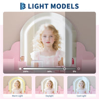 Garvee Coiffeuse Enfant Rose avec Miroir Lumineux, Tabouret, Tiroir et Étagères, MDF Sûr, LED Réglable, 100,33 × 80,01 × 40,13 cm