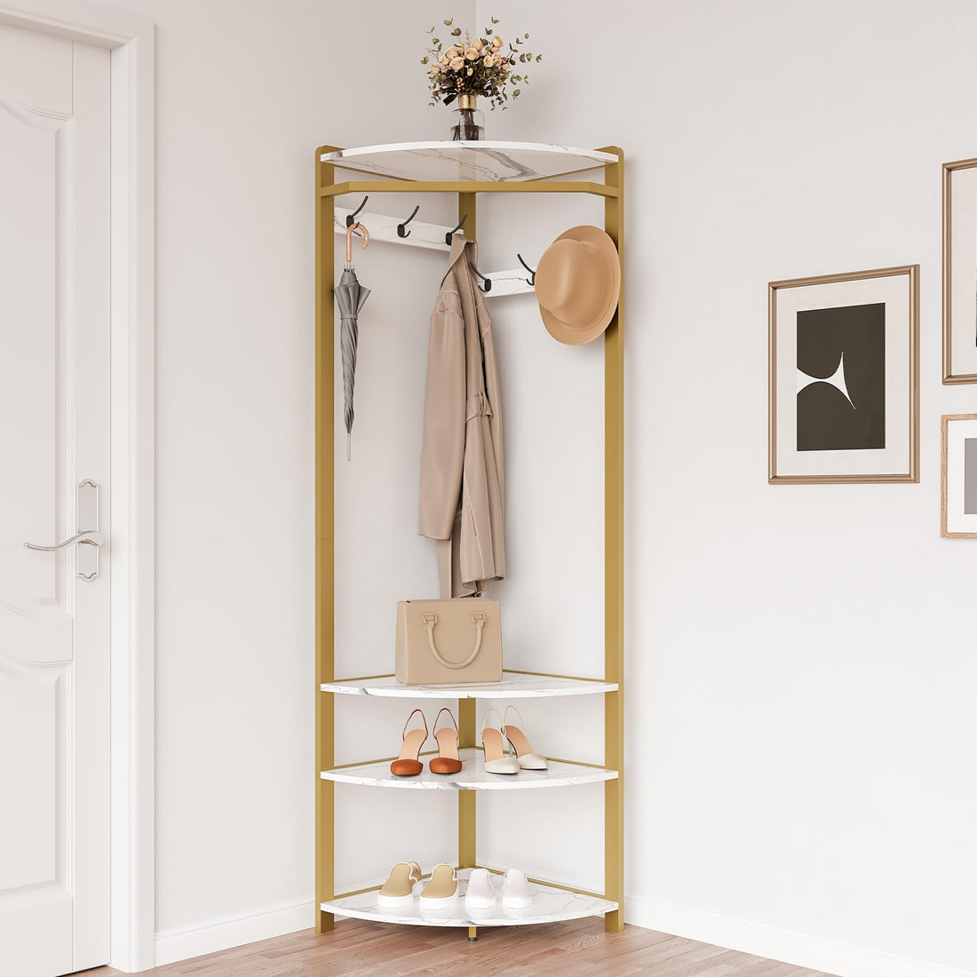 Garvee Armoire d'angle avec banc à chaussures, 6 crochets doubles, en bois, structure robuste anti-basculement, idéale pour l'entrée et le couloir, gain de place, 180 cm, or