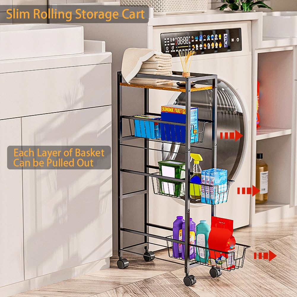 Chariot à roulettes Garvee Slim à 4 niveaux avec plateau en bois, structure robuste en acier, pour la cuisine et la salle de bain, largeur 19,5 cm, noir