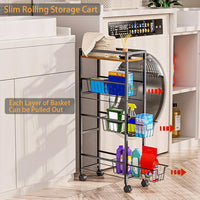 Chariot à roulettes Garvee Slim à 4 niveaux avec plateau en bois, structure robuste en acier, pour la cuisine et la salle de bain, largeur 19,5 cm, noir
