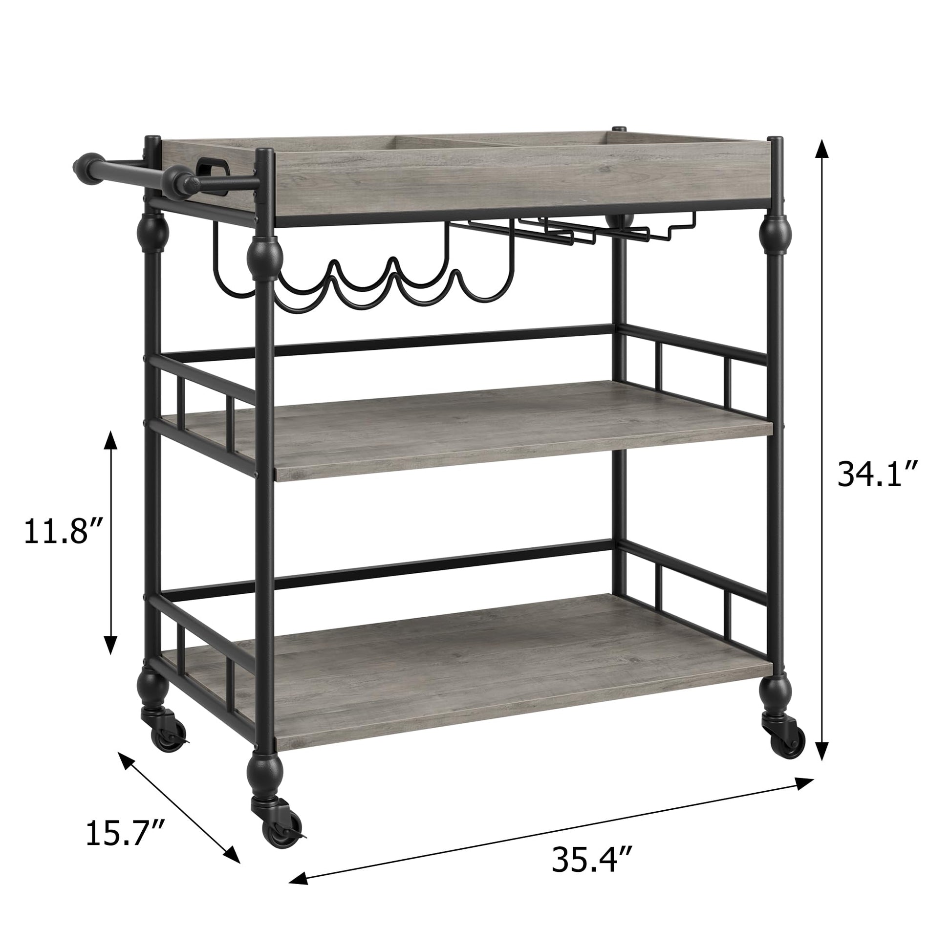 Garvee Chariot à boissons industriel gris avec roues, 3 niveaux, plateau amovible, support pour verres et range-bouteilles, pour salon et salle à manger