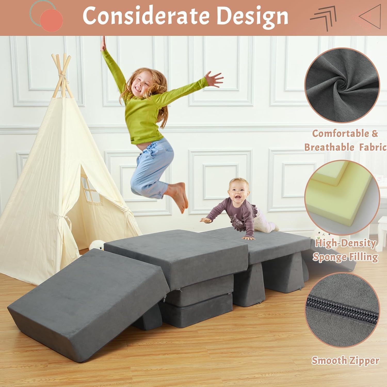 Canapé de jeu pour enfants Garvee, canapé modulaire 8 pièces, housse amovible en microfibre gris foncé, salle de jeux