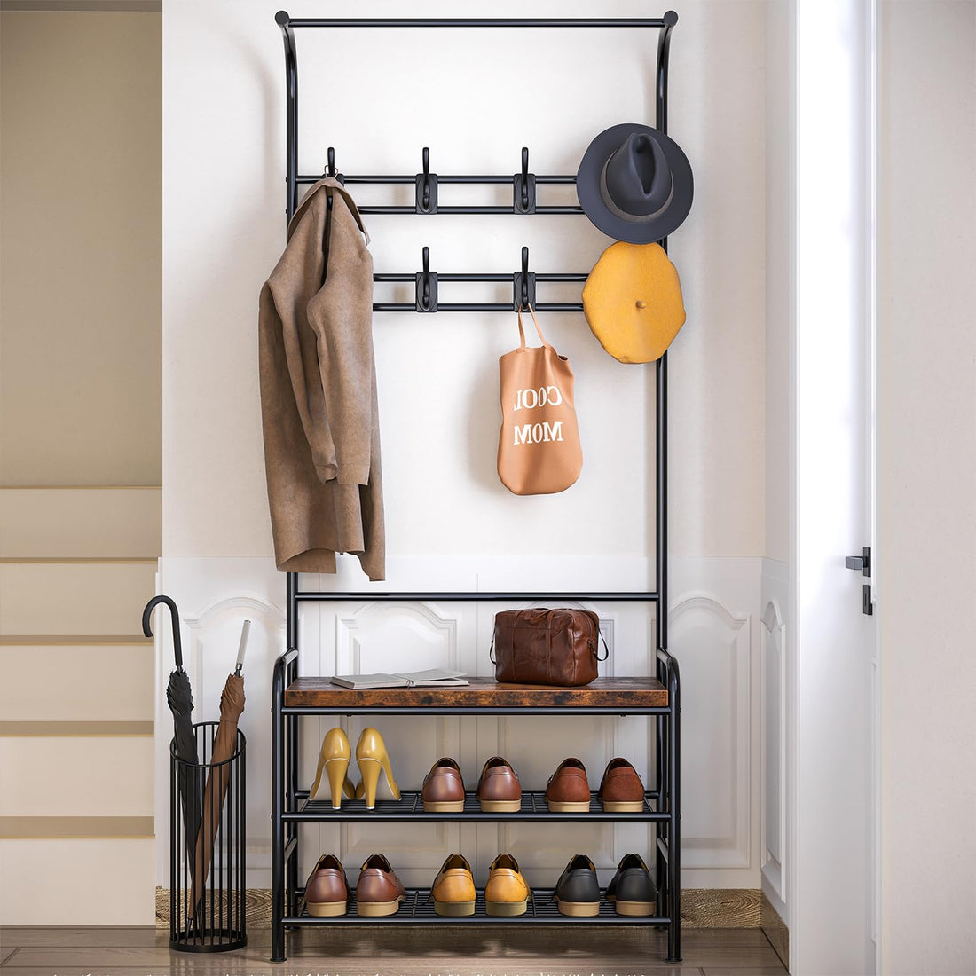 Banc à chaussures Garvee Hall Tree avec 8 crochets, armoire 4 en 1, robuste pour l'entrée et la chambre, 60 cm L x 30 cm l x 180 cm H