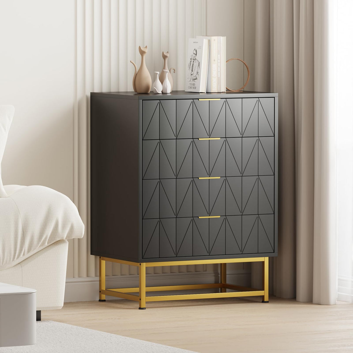 Garvee commode à 4 tiroirs avec pieds en métal pour le salon et la chambre, 81 cm, tiroirs en tissu