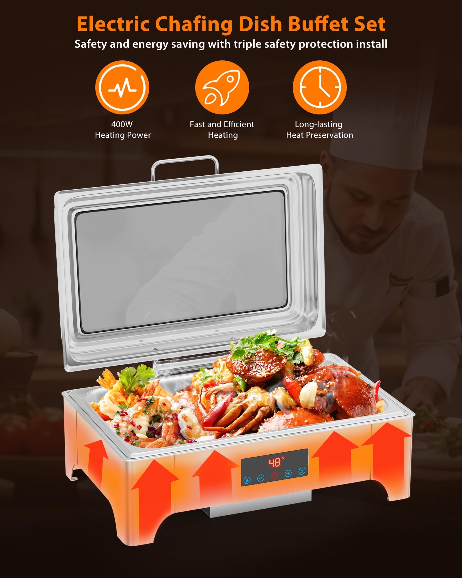Garvee Ensemble de chauffe-plats professionnel 9L en acier inoxydable, récipient chauffant idéal pour les buffets, les traiteurs, les fêtes et les jours fériés B