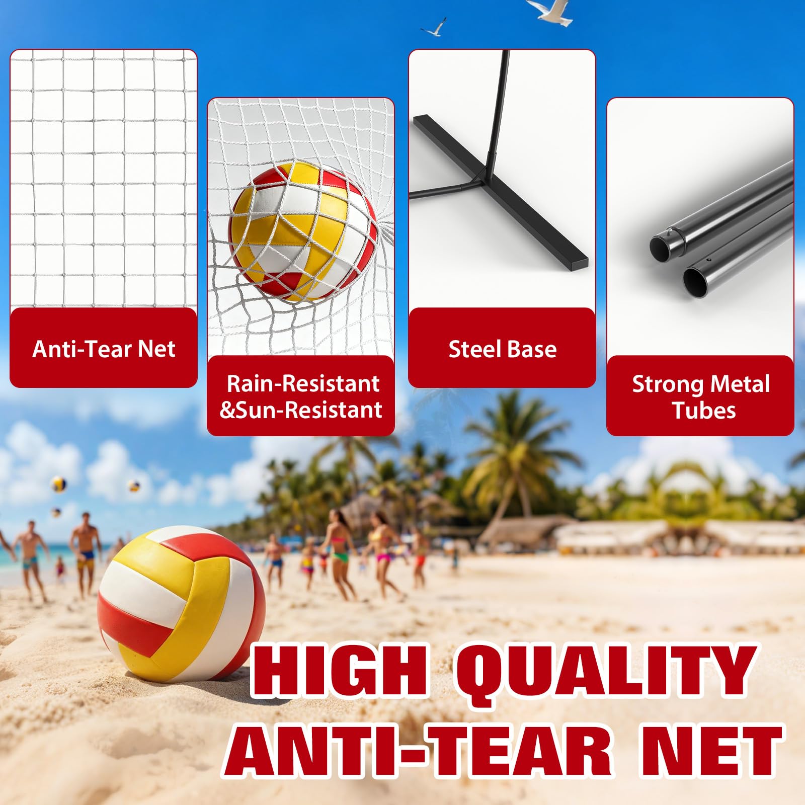 Filet de volley-ball Garvee 3,65 m (12 pi) à hauteur réglable, portable, avec poteaux en fibre de verre et filet 3 couches résistant aux déchirures, idéal pour la plage et le jardin.