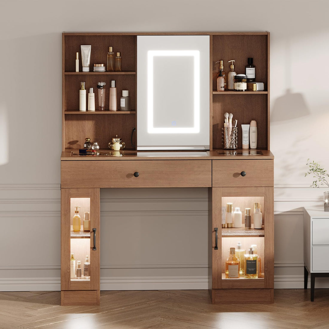 Garvee Coiffeuse de Maquillage avec Miroir Coulissant LED 3 Couleurs, MDF, USB/AC, Verre Sculpté Multicolore, Idéale Chambre ou Dressing