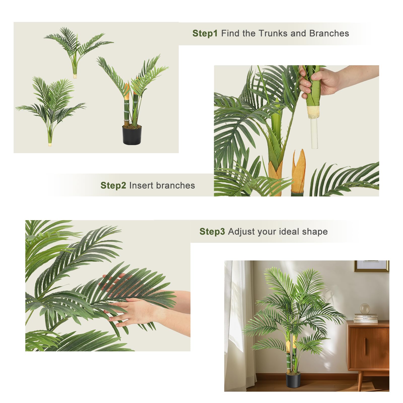 Palmier artificiel doré Garvee 120 cm, plante tropicale réaliste, feuilles ajustables, matériaux PVC et PE, base stable, décoration intérieure et extérieure