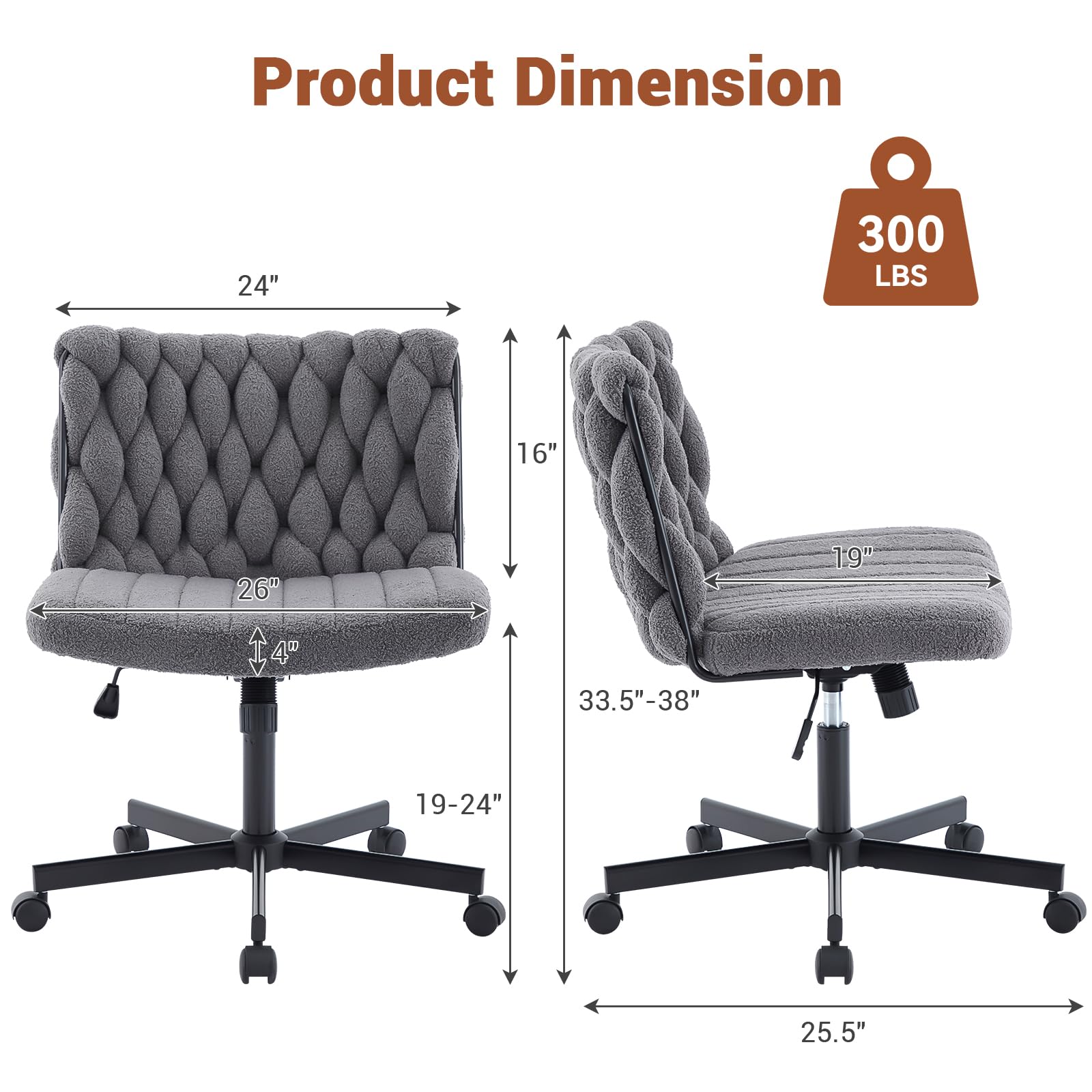 Garvee chaise de bureau criss cross à roulettes, assise large, pivotante à 360°, structure en métal, sans accoudoirs, design moderne pour bureau à domicile et coiffeuse, 66 cm, noire