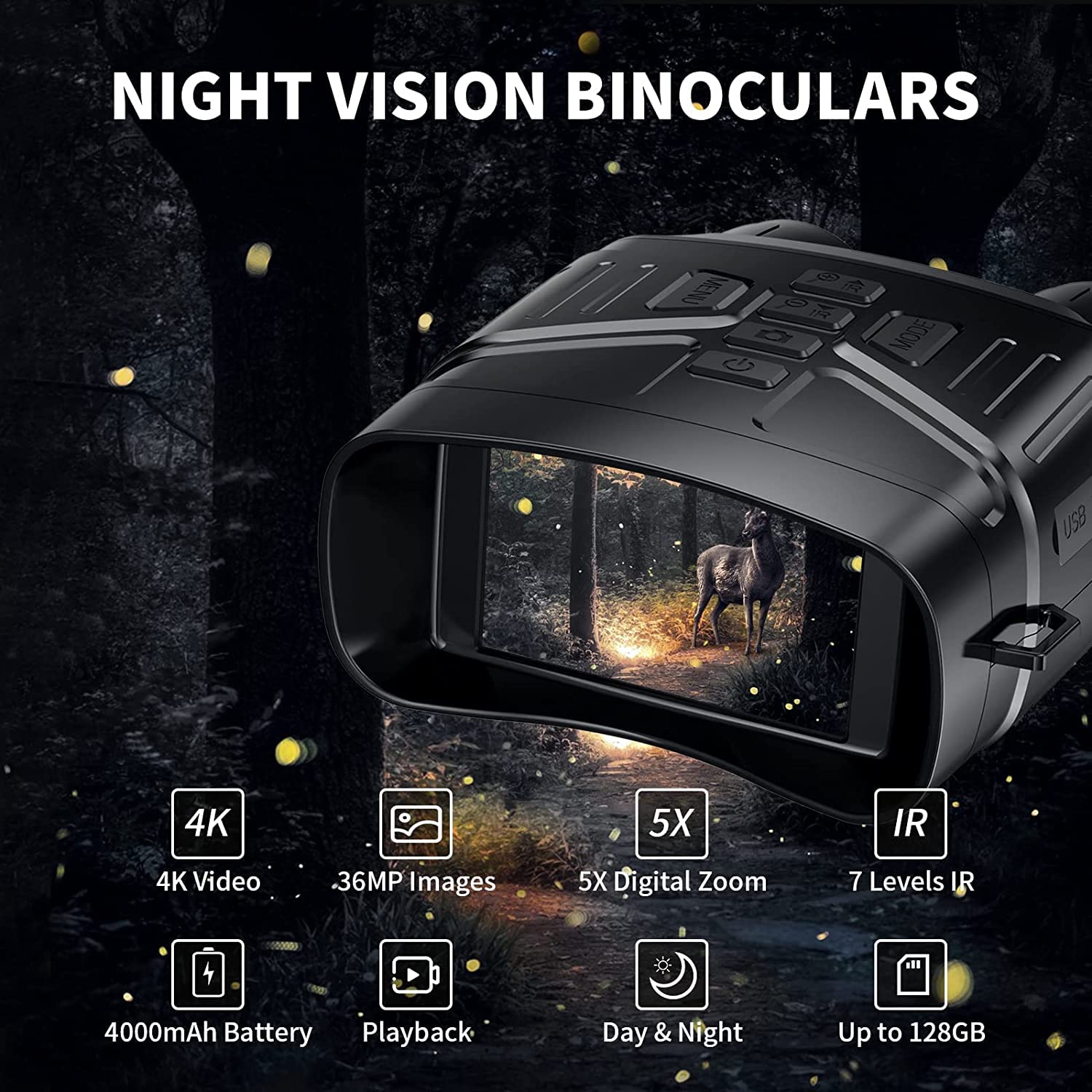 Jumelles Garvee NV4000 4K HD avec écran 3 pouces, vision nocturne infrarouge, caméra 36 MP, enregistrement vidéo en extérieur et batterie au lithium.