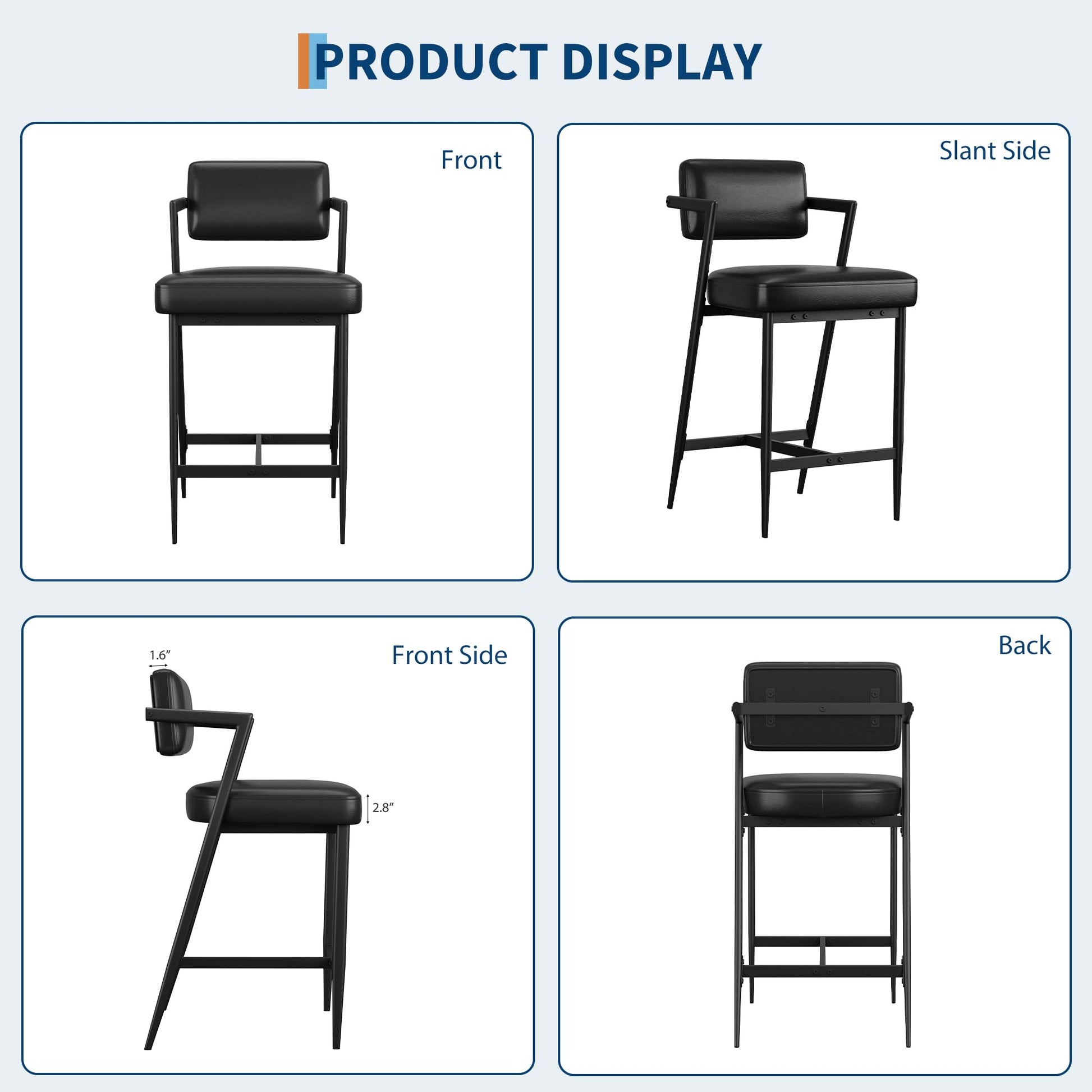 Ensemble de 2 tabourets de bar Garvee, chaises rembourrées avec dossier et repose-pieds pour cuisine et bar, 68 cm, cuir PU noir résistant à l'eau