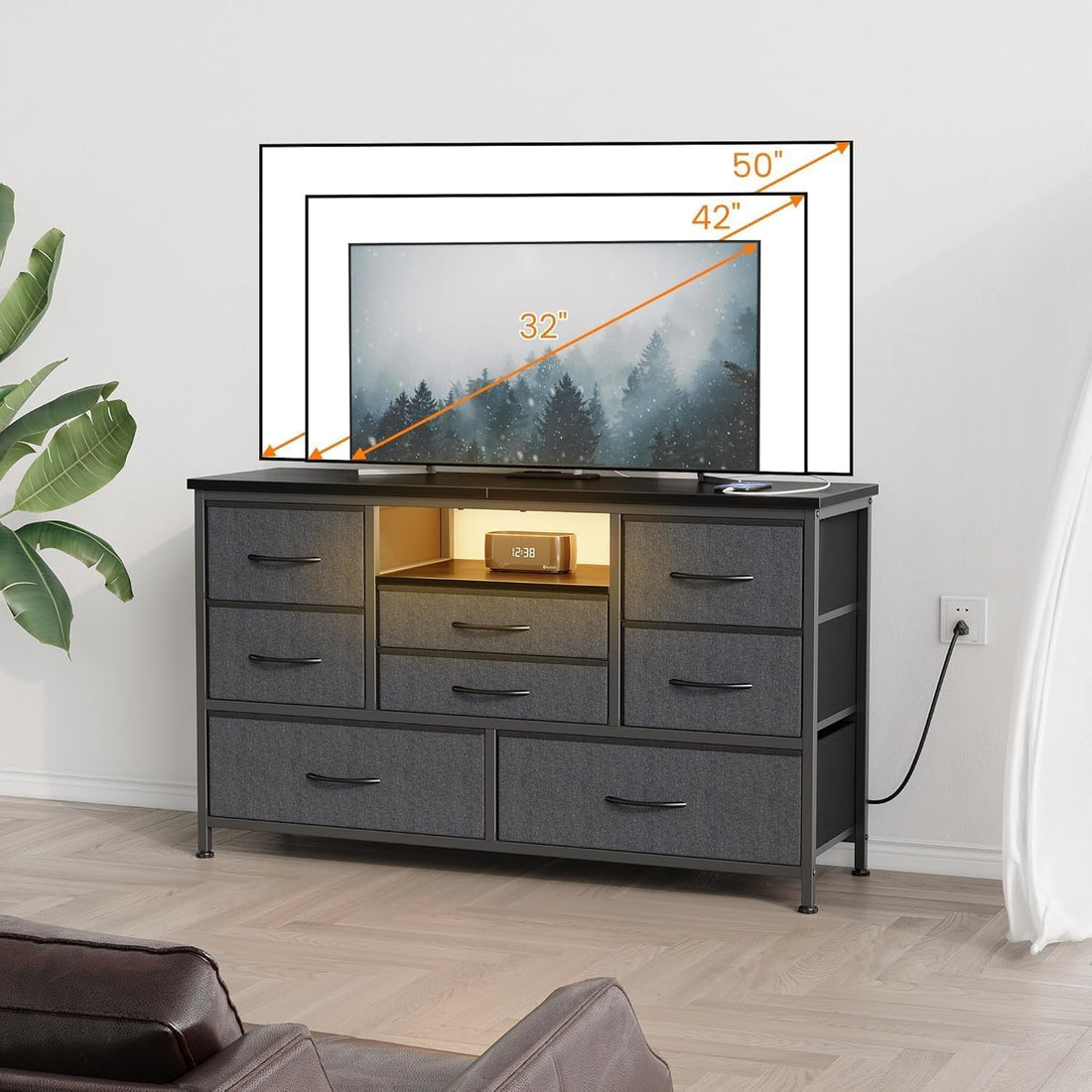 Garvee commode à 8 tiroirs, structure en métal, éclairage LED, 3 prises électriques, 2 ports USB, idéale pour la chambre et le salon, 121 × 37 × 76 cm, gris