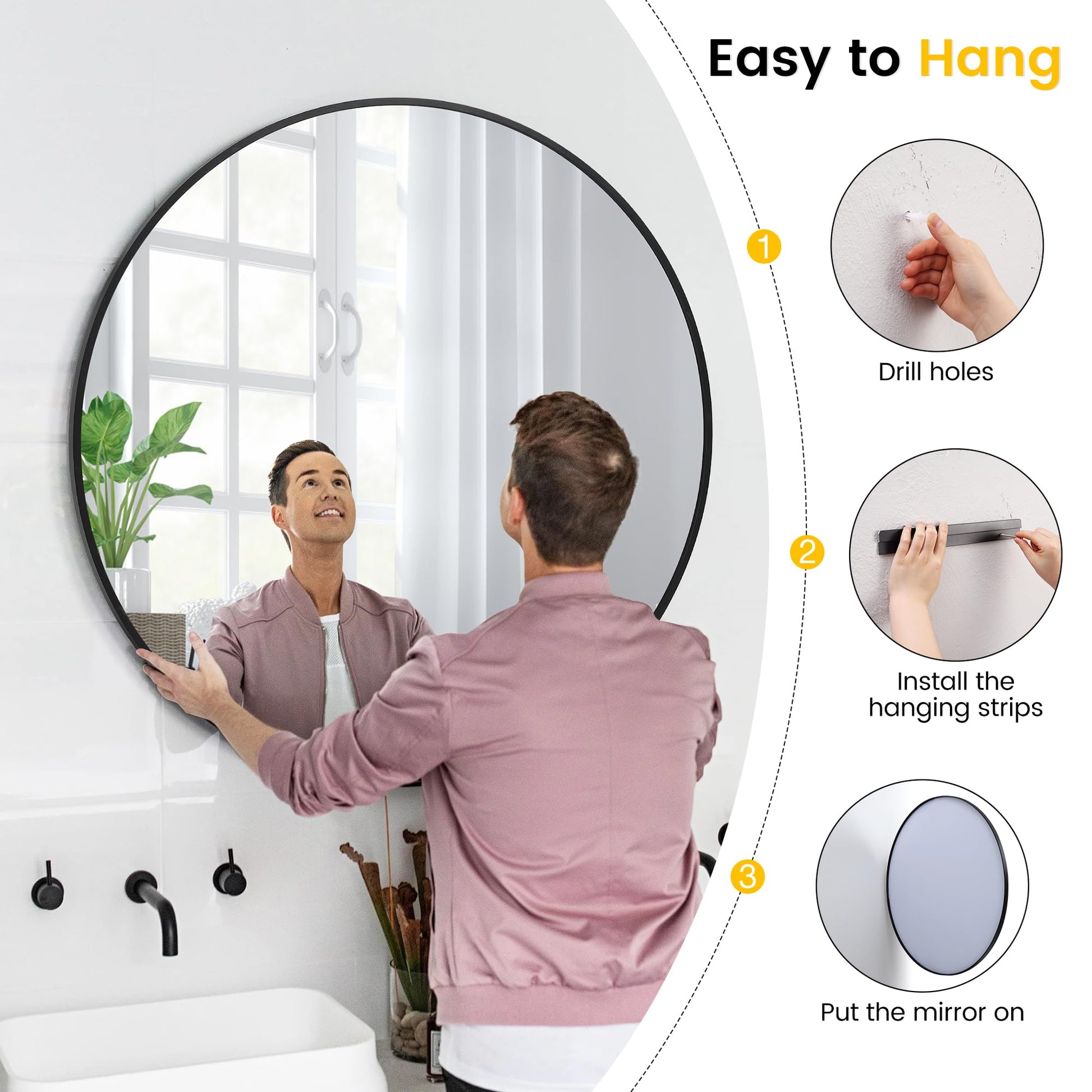 Miroir mural rond noir Garvee 91 cm (36 pouces), cadre en métal, verre 5 mm, style moderne, idéal pour salle de bain et salon.