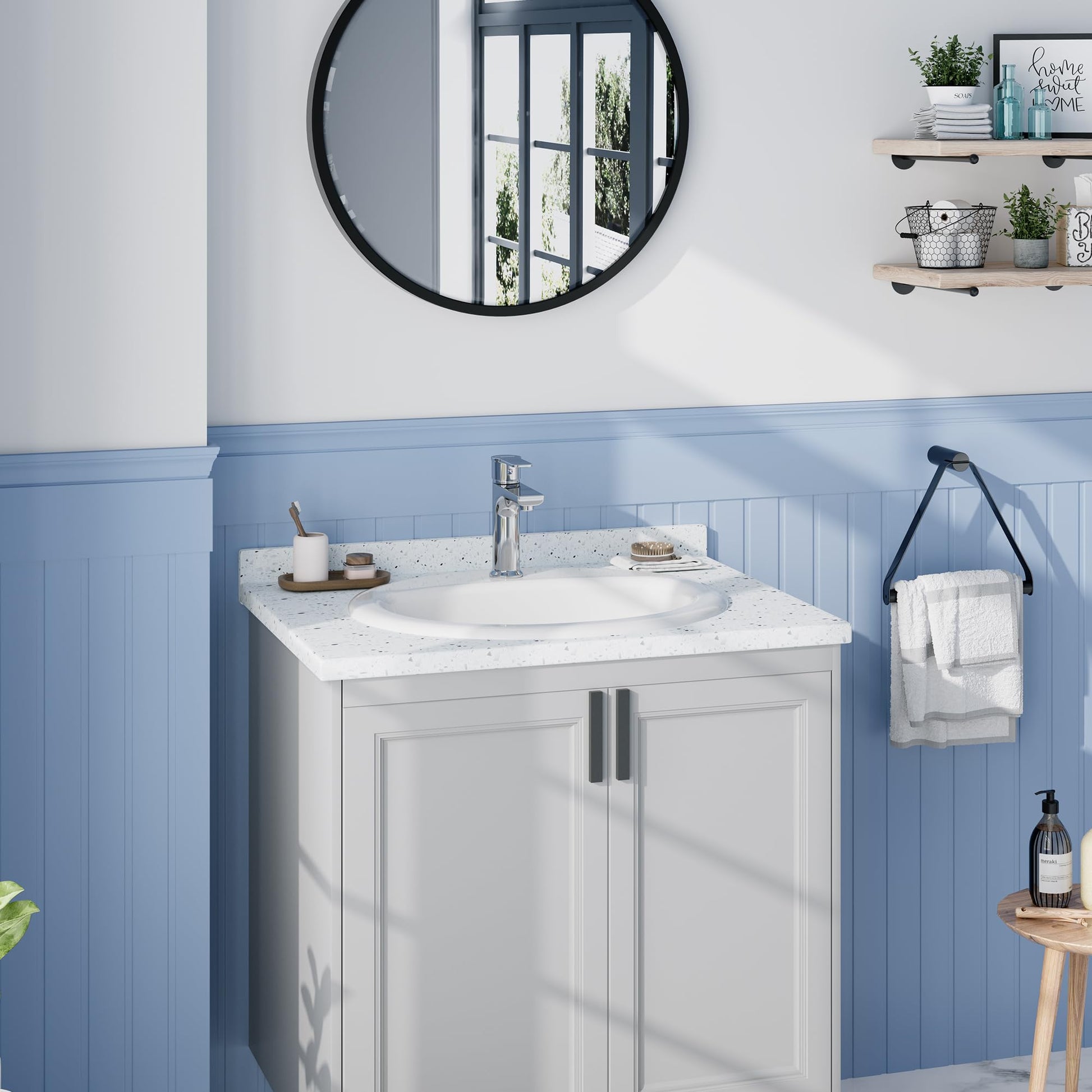 Lavabo ovale encastré Garvee 51 x 43 cm (20 x 17 pouces) en céramique blanche résistante aux rayures, idéal pour les petites salles de bain.