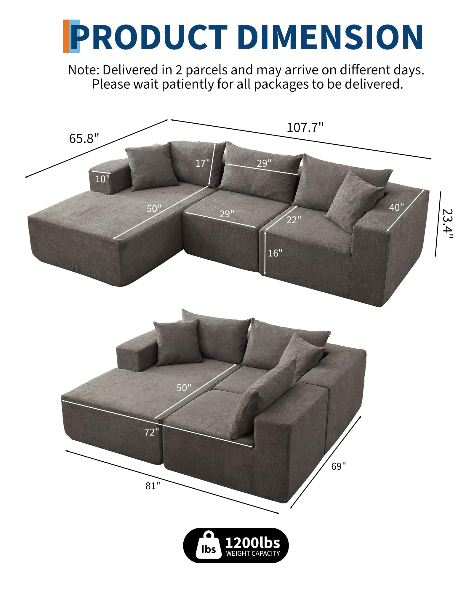 Canapé d'angle modulaire Garvee Cloud 108" avec méridienne, structure sans ossature, revêtement en polymère, gris, pour salon