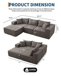 Canapé d'angle modulaire Garvee Cloud 108" avec méridienne, structure sans ossature, revêtement en polymère, gris, pour salon