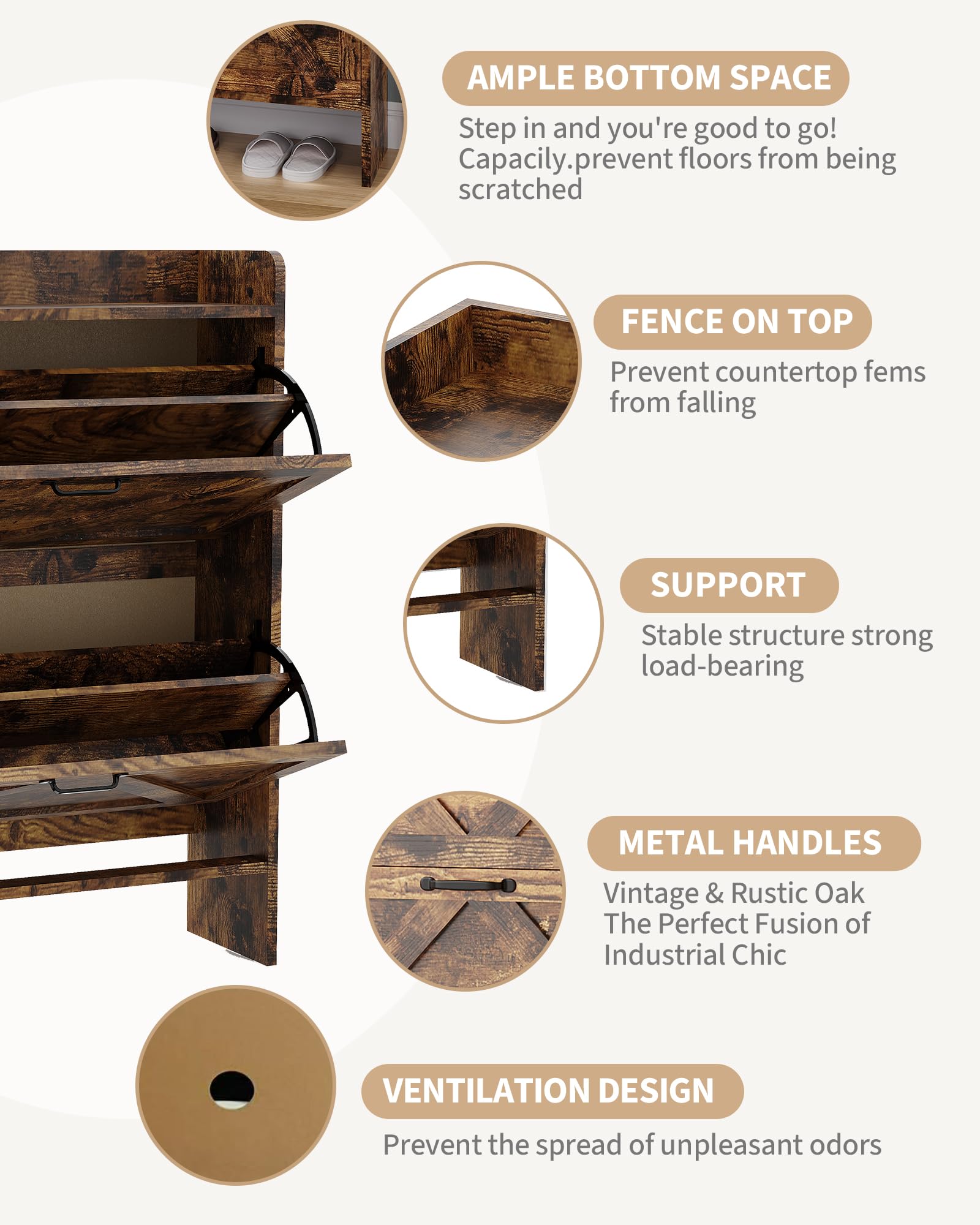 Meuble à chaussures Garvee avec 2 tiroirs pliables, style rustique marron, idéal pour l'entrée et le couloir, gain de place.