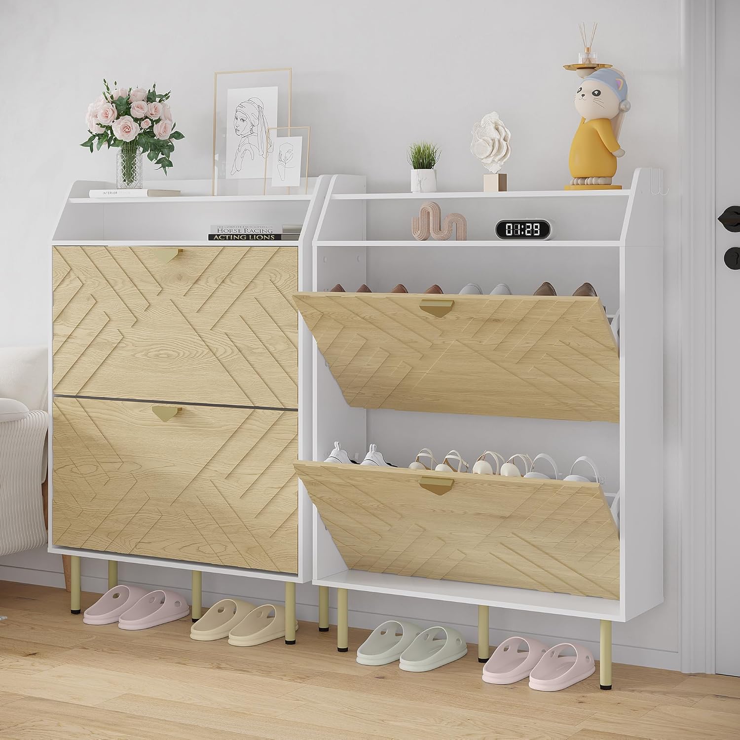 Meuble à chaussures Garvee avec 2 tiroirs abattants, organisateur de chaussures étroit pour couloir et entrée, bois blanc, autoportant, robuste, gain de place