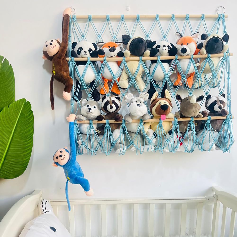 Hamac de rangement pour peluches Garvee, en filet macramé ajustable, pour chambre d'enfant ou salle de jeux, bleu
