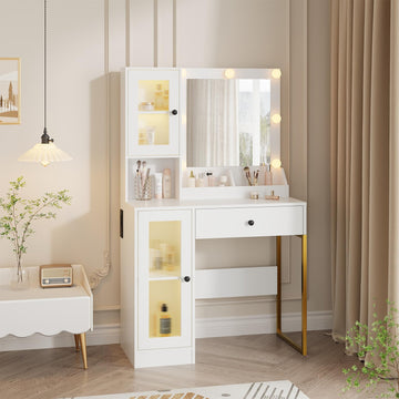 Coiffeuse Garvee avec éclairage LED, 3 modes de couleur, grands tiroirs, station de recharge USB pour chambre, blanche, moderne